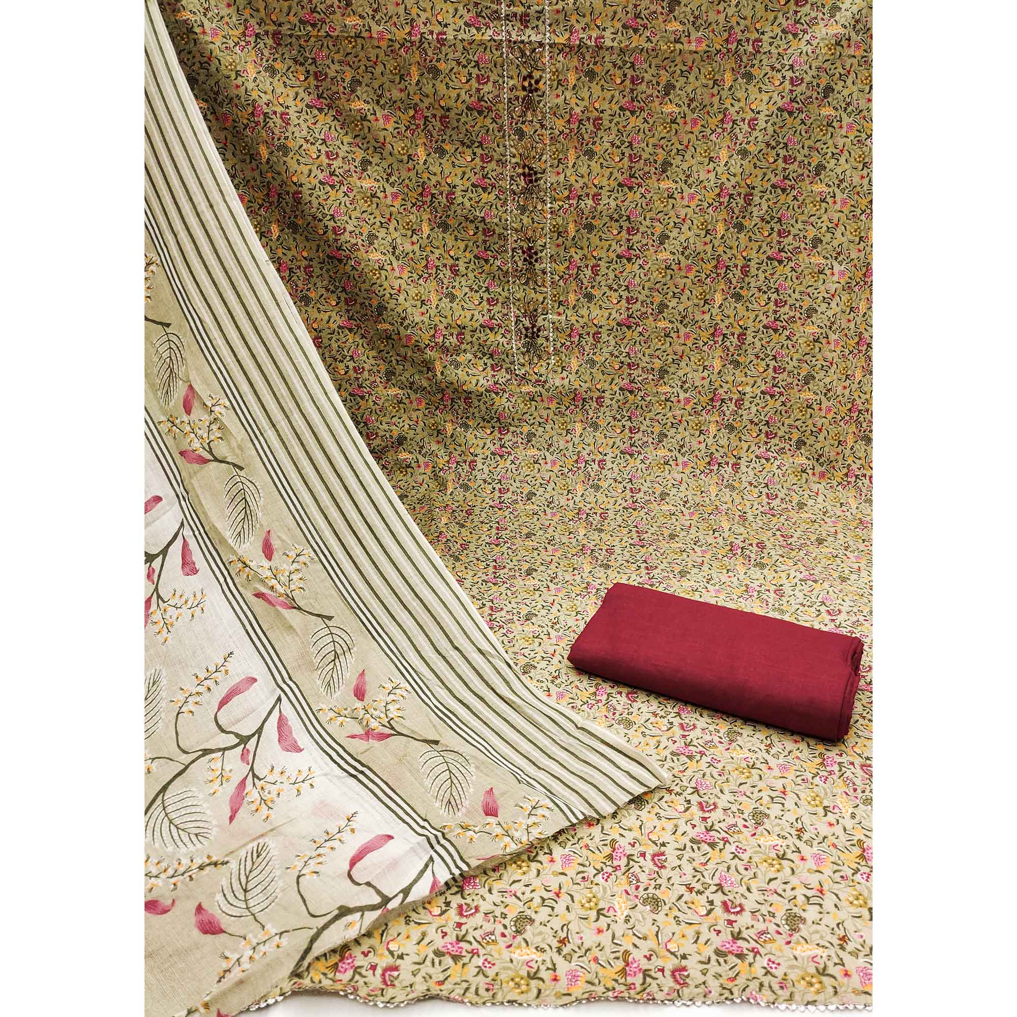 Light Green Floral Printed With Handwork Pure Cotton Dress Material