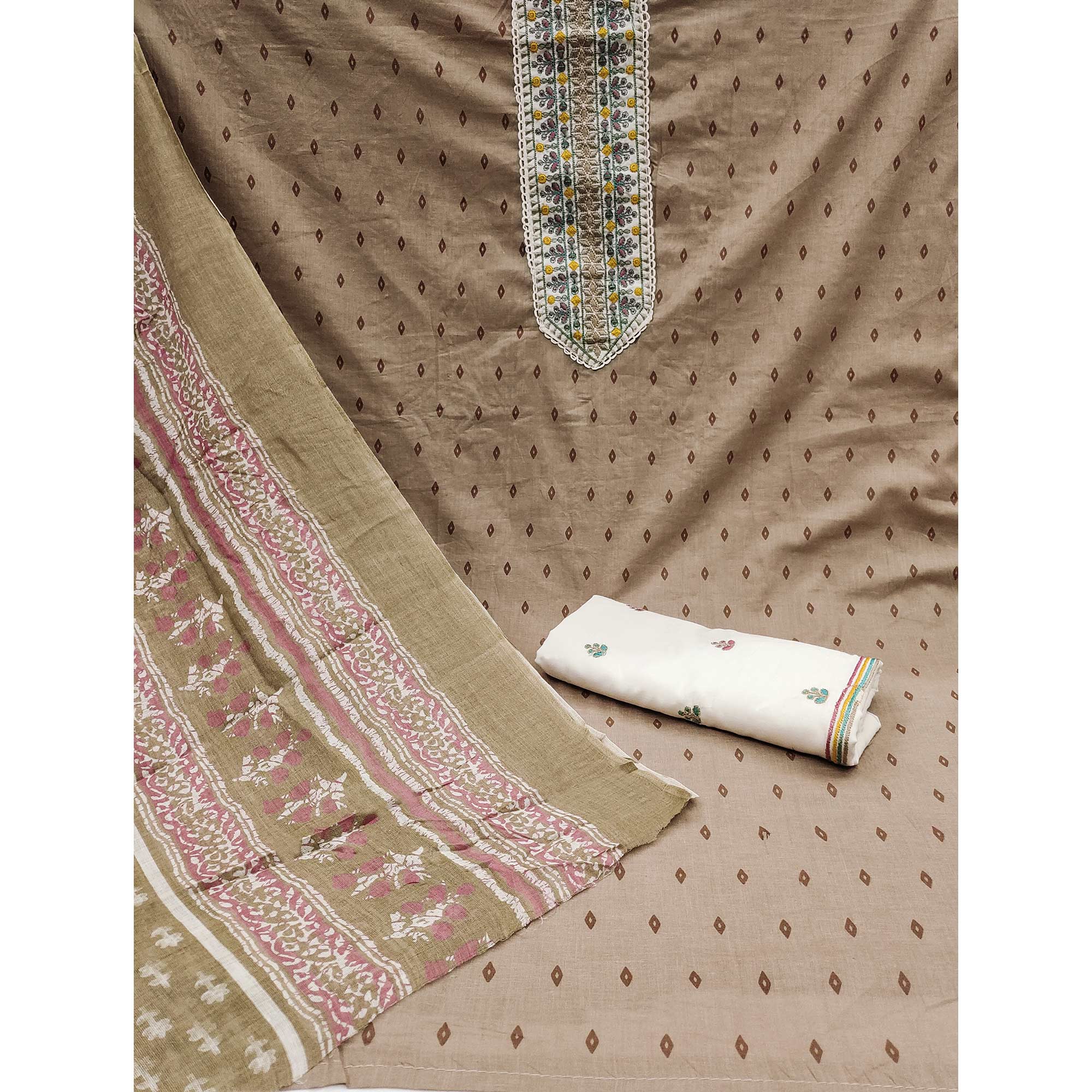 Beige Bandhani Printed With Embroidery Pure Cotton Dress Material