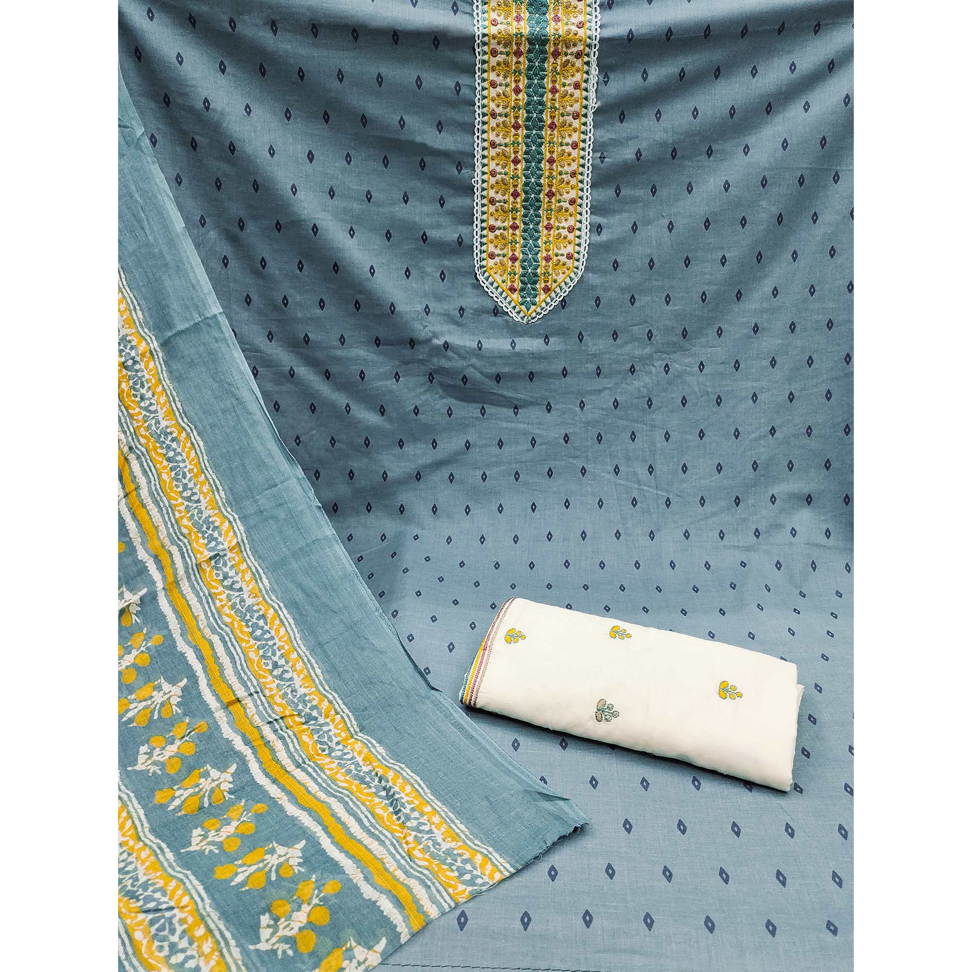 Blue Bandhani Printed With Embroidery Pure Cotton Dress Material