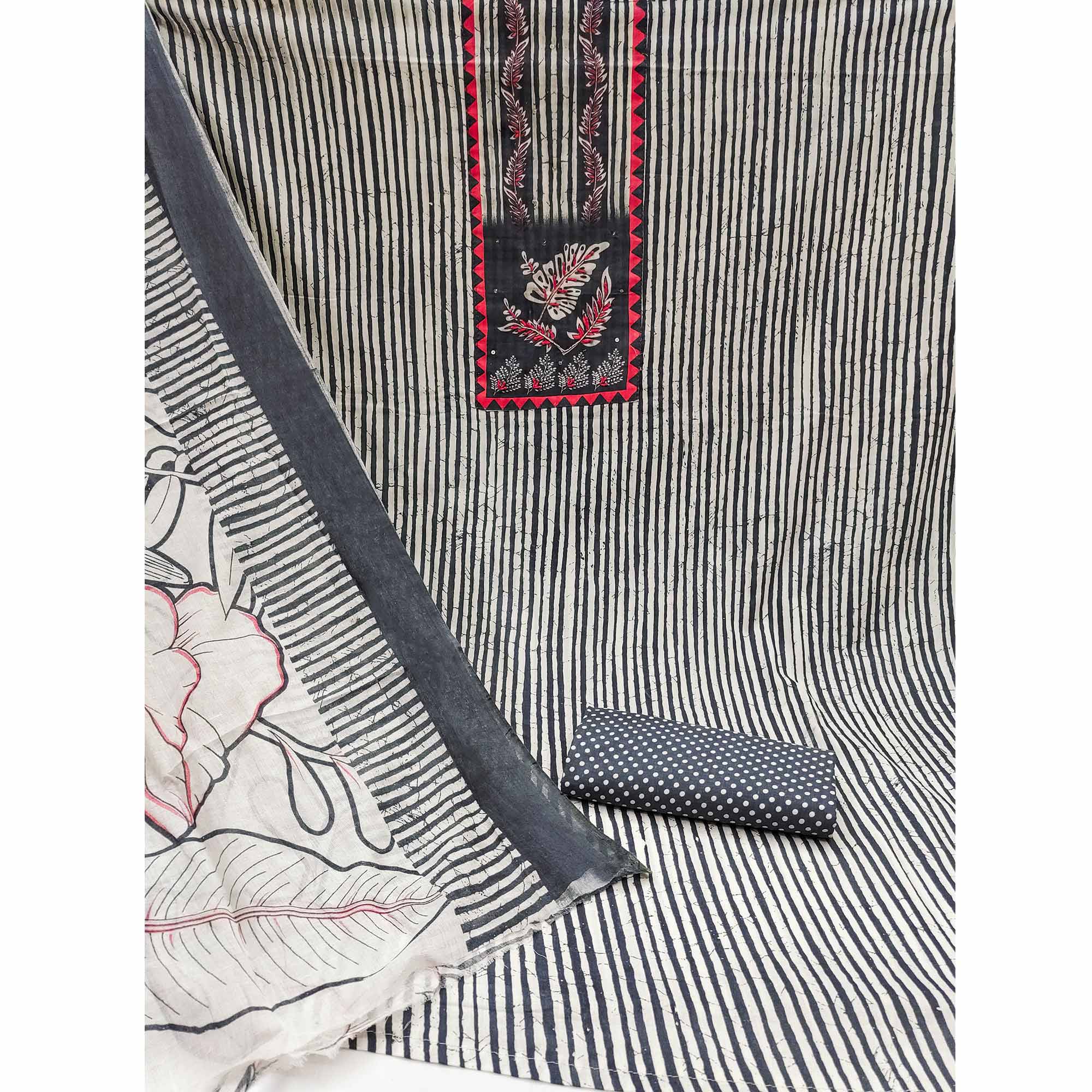 Grey Striped Printed With Embroidered Pure Cotton Dress Material