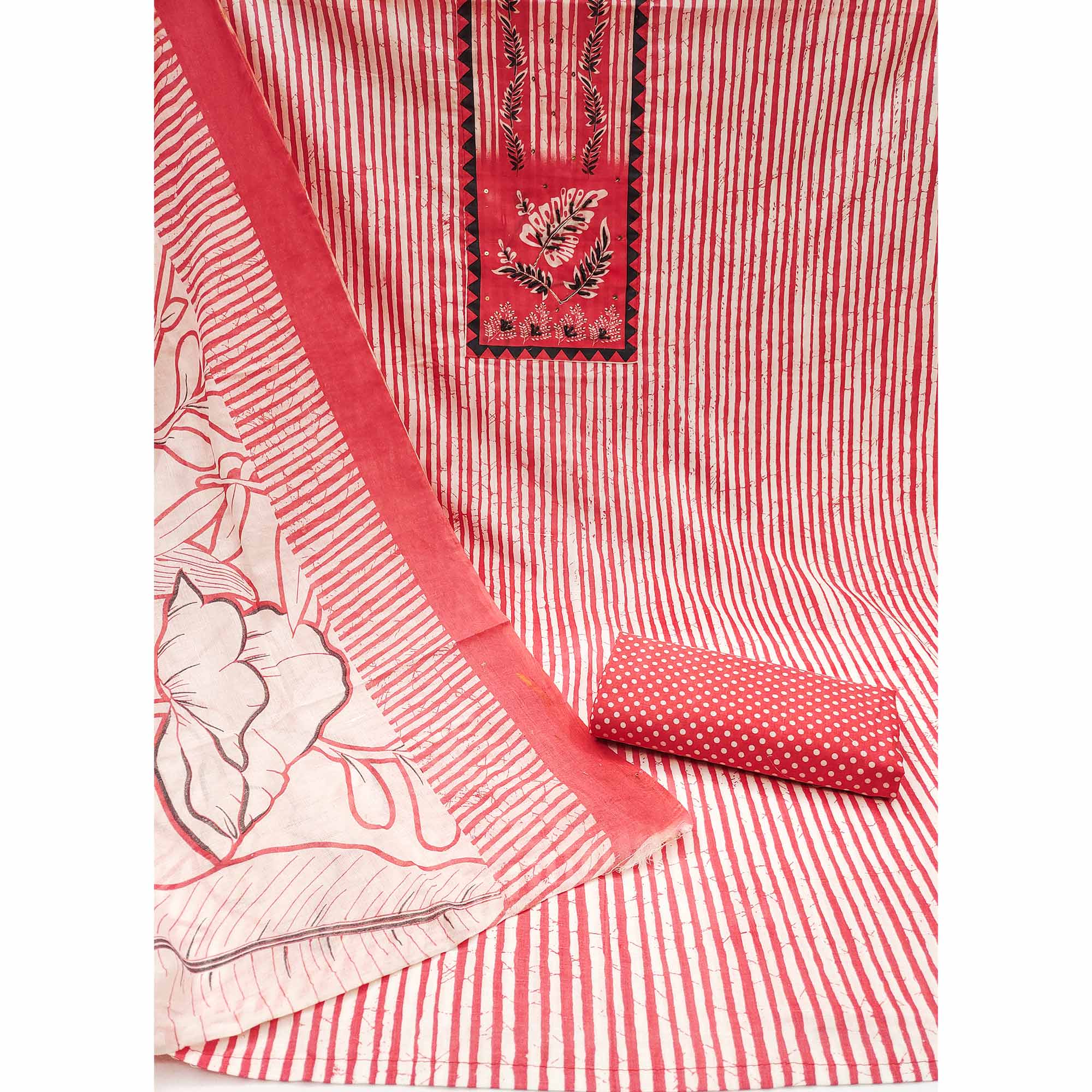 Red Striped Printed With Embroidered Pure Cotton Dress Material