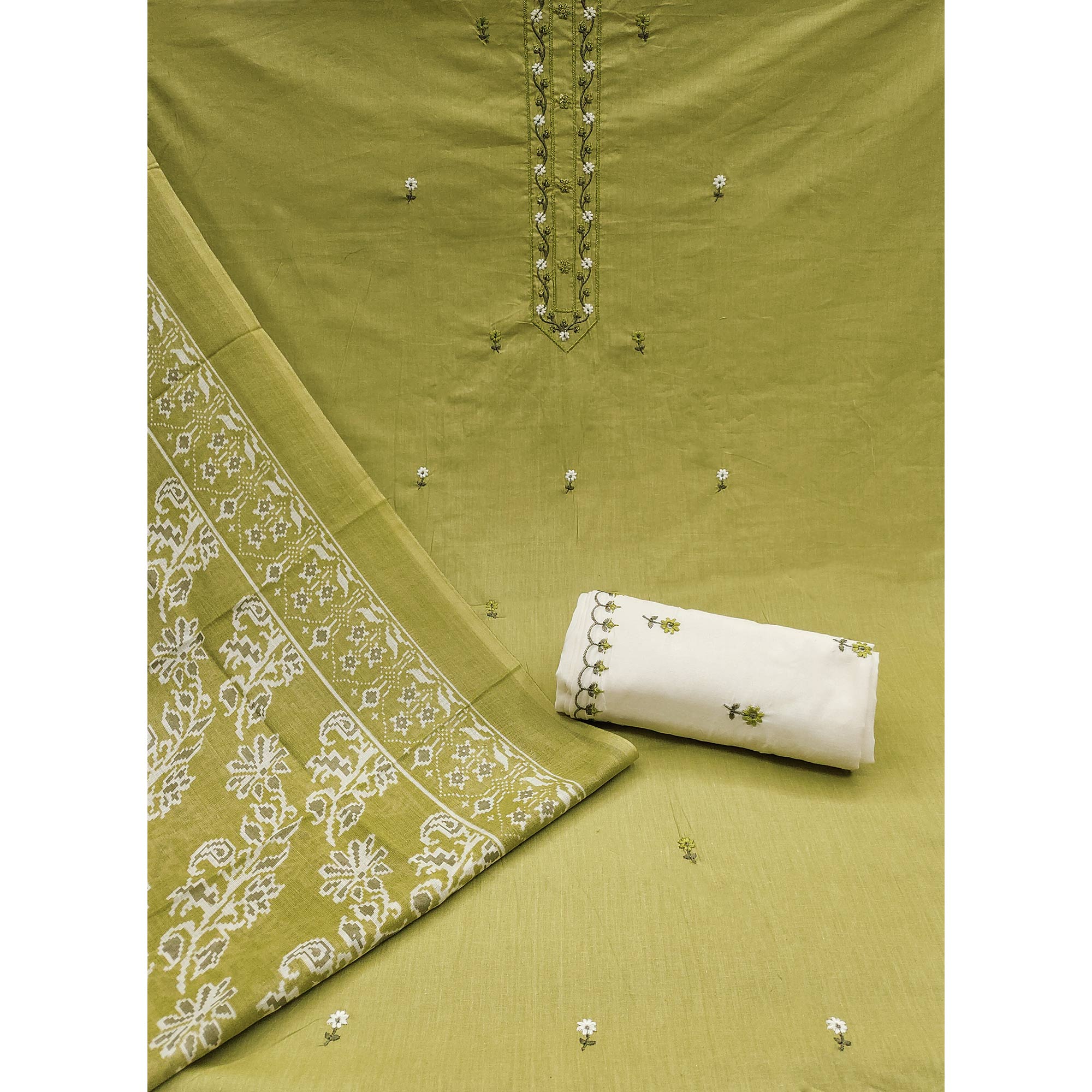 Green Floral Embroidered Pure Cotton Dress Material
