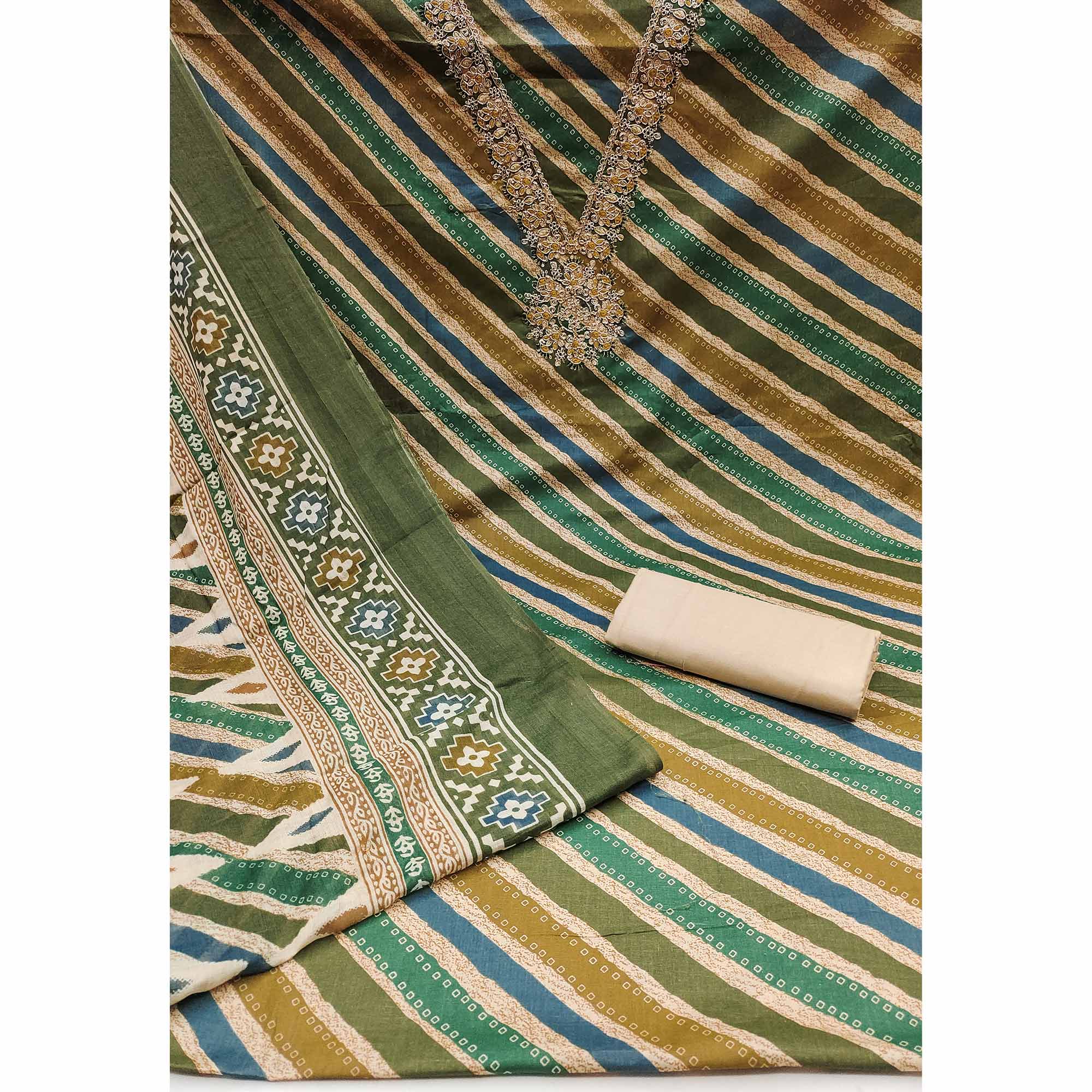 Green Striped Printed With Embroidery Pure Cotton Dress Material