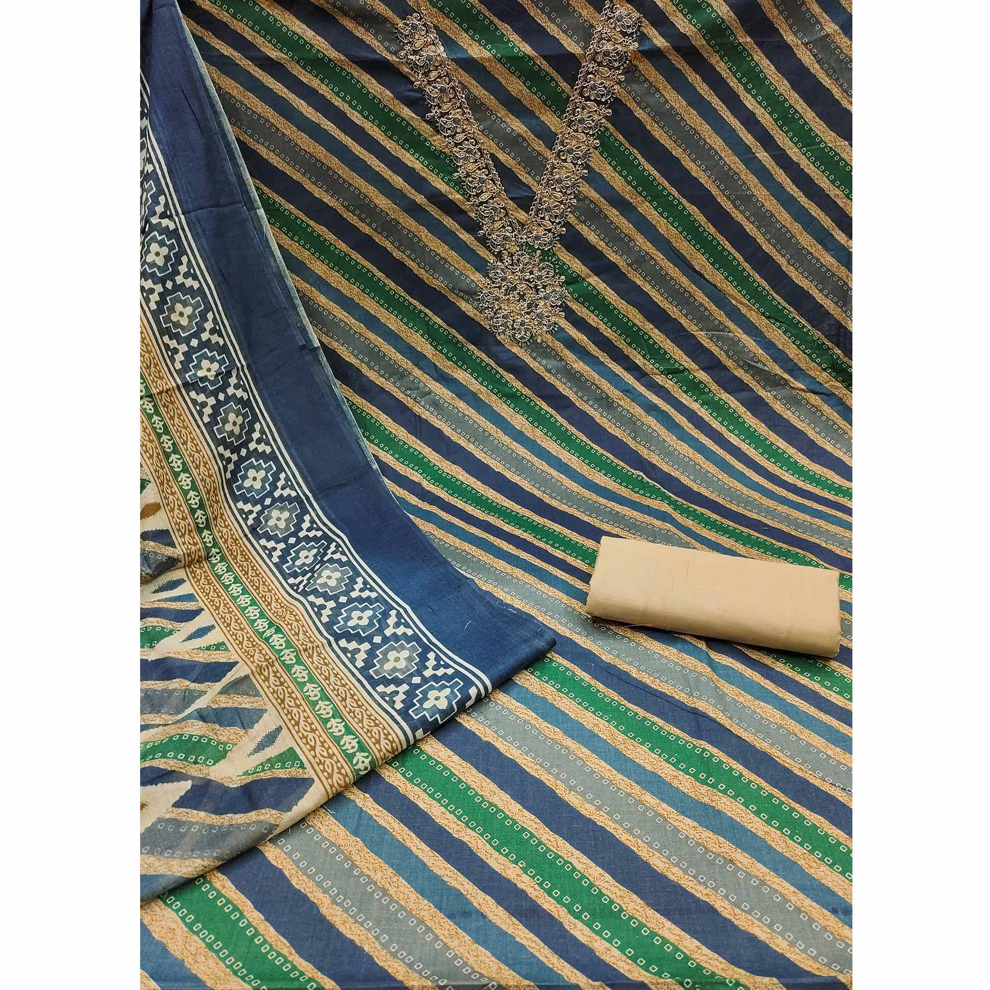 Navy Blue Striped Printed With Embroidery Pure Cotton Dress Material