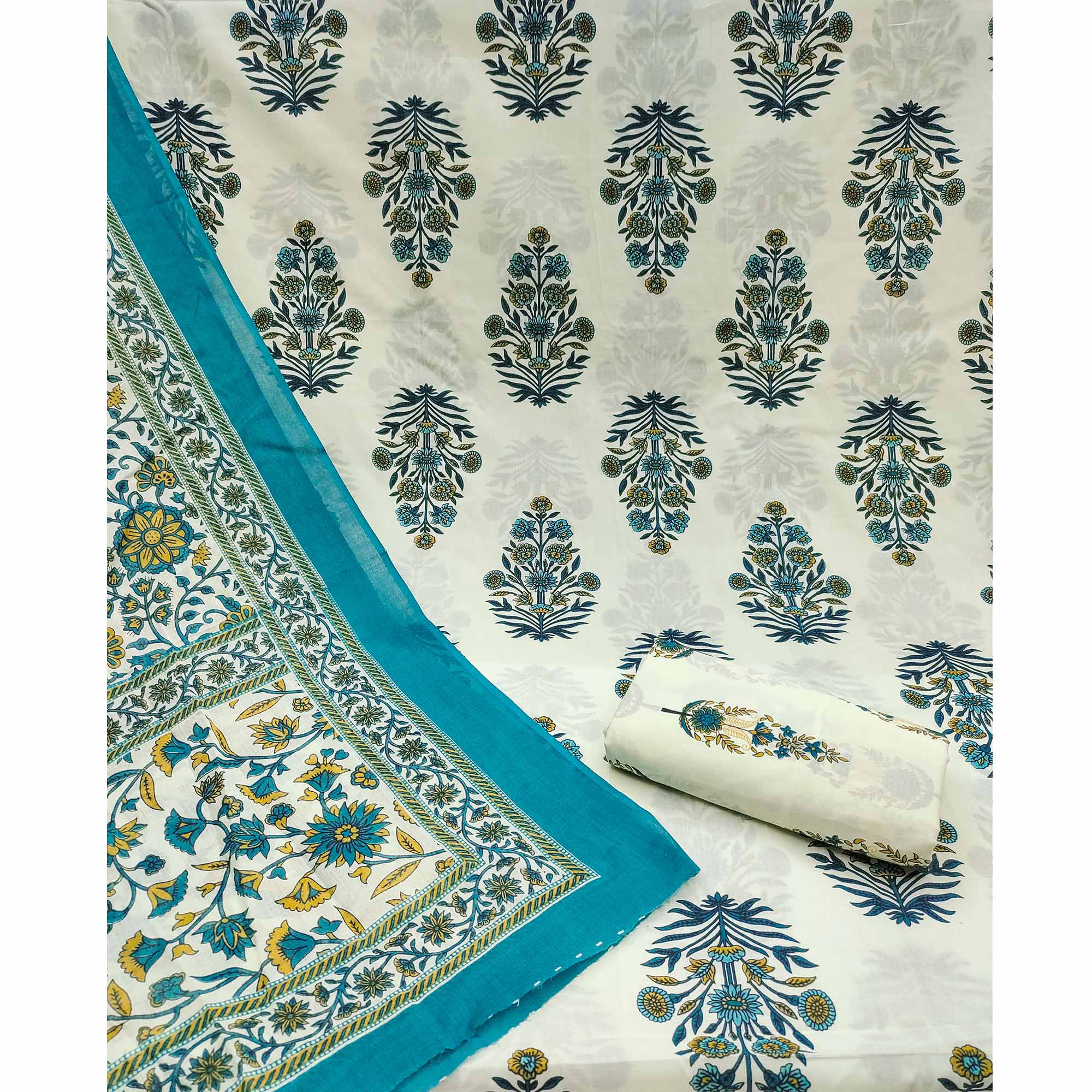 Rama Blue Floral Printed Pure Cotton Dress Material