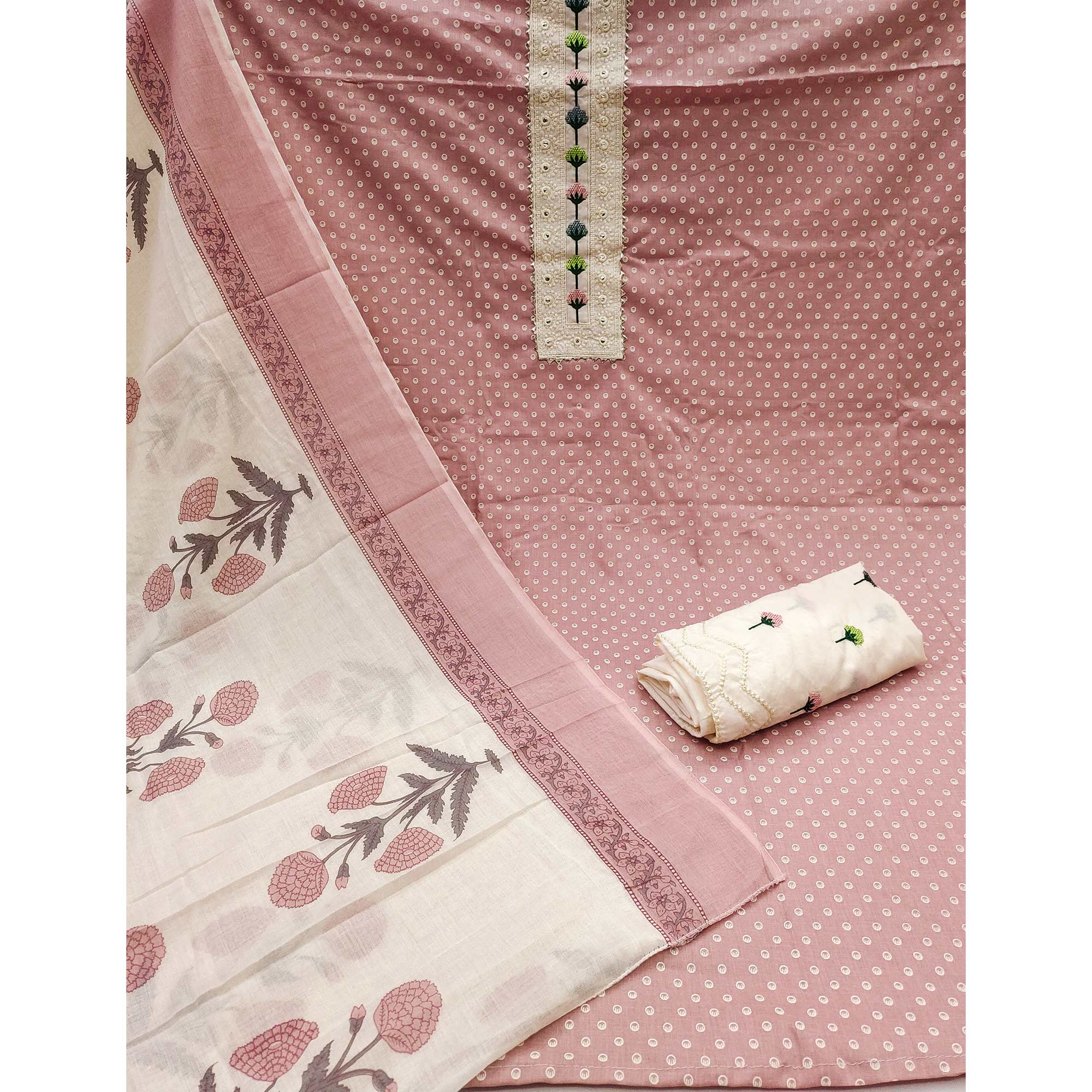 Dusty Pink Pure Cotton Dress Material with Timeless Polka Design Print Design