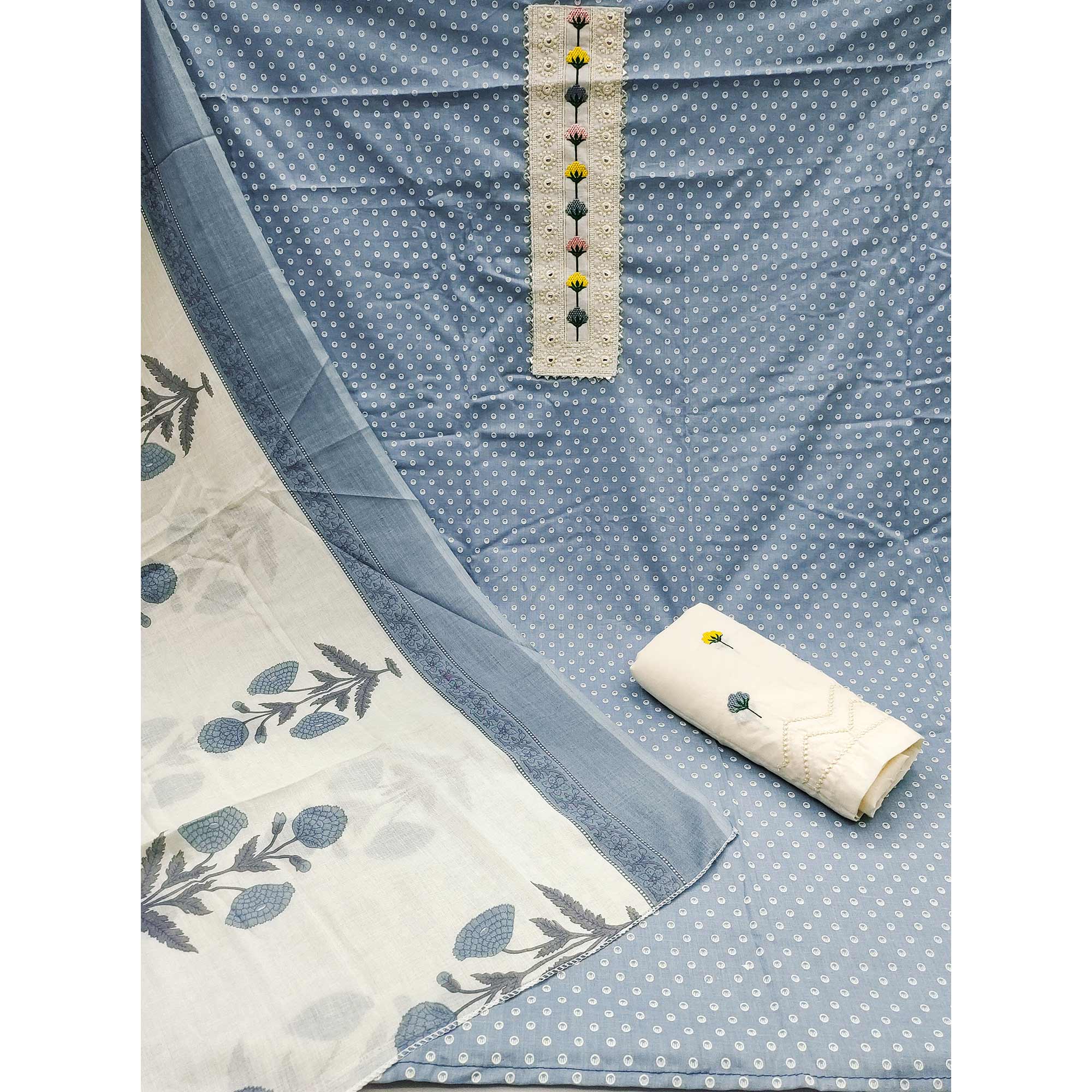 Sky Blue Pure Cotton Dress Material with Timeless Polka Design Print Pattern