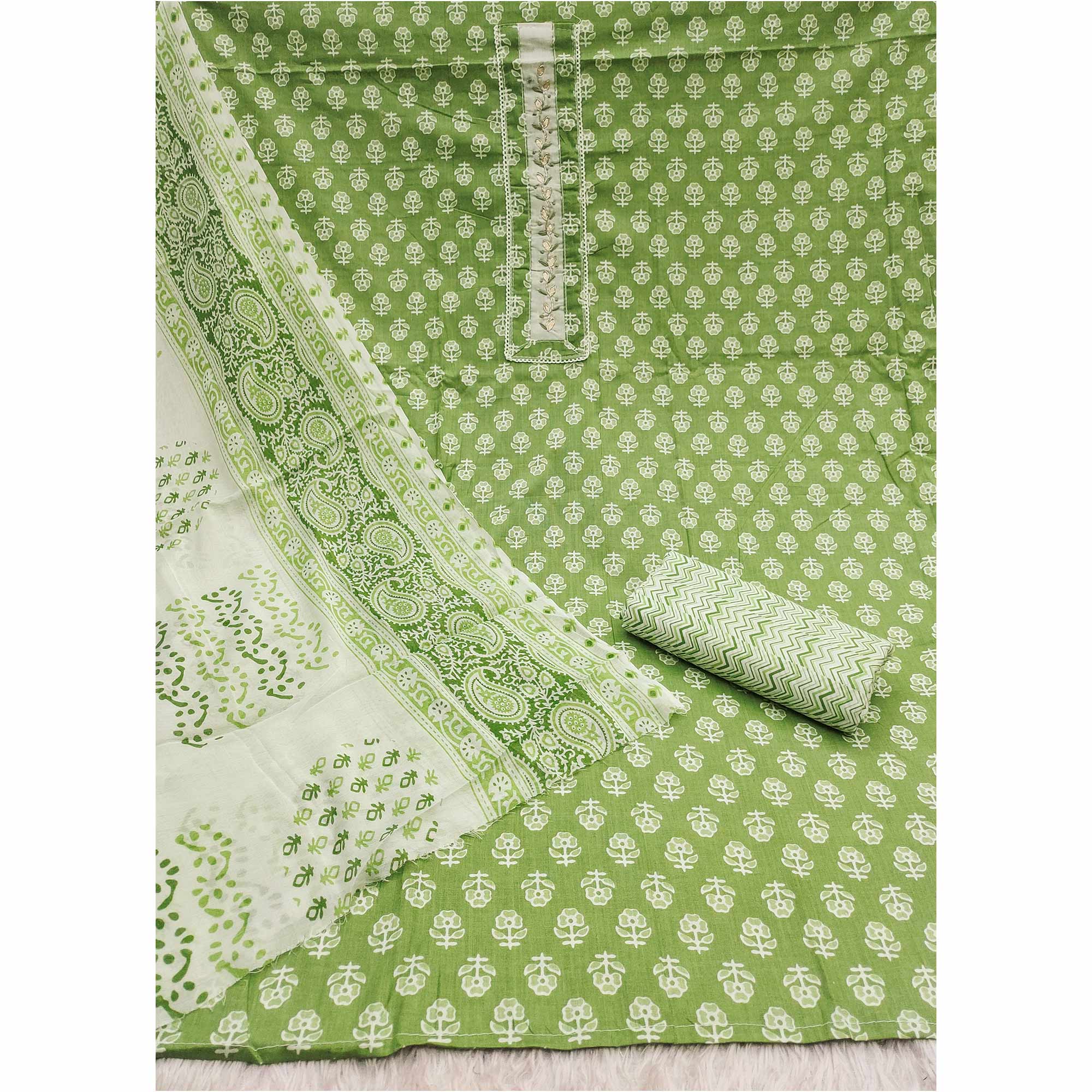 Green Floral Printed Pure Cotton Dress Material With Elegant Neck Embroidery