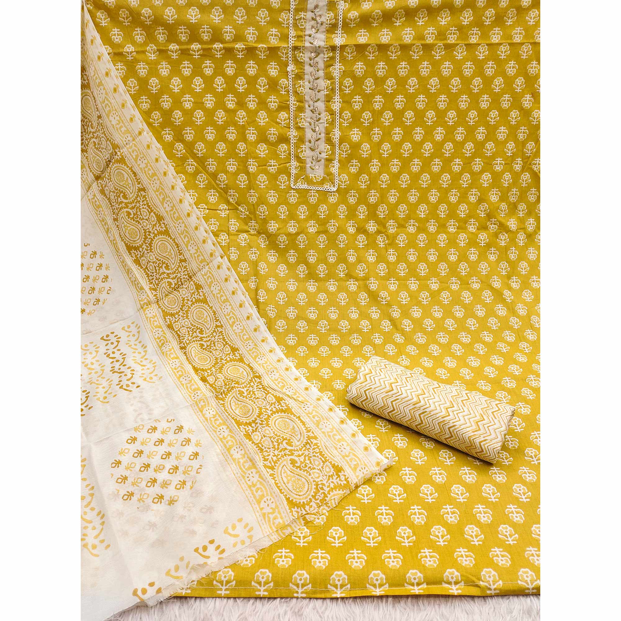 Mustard Floral Printed Pure Cotton Dress Material With Elegant Neck Embroidery