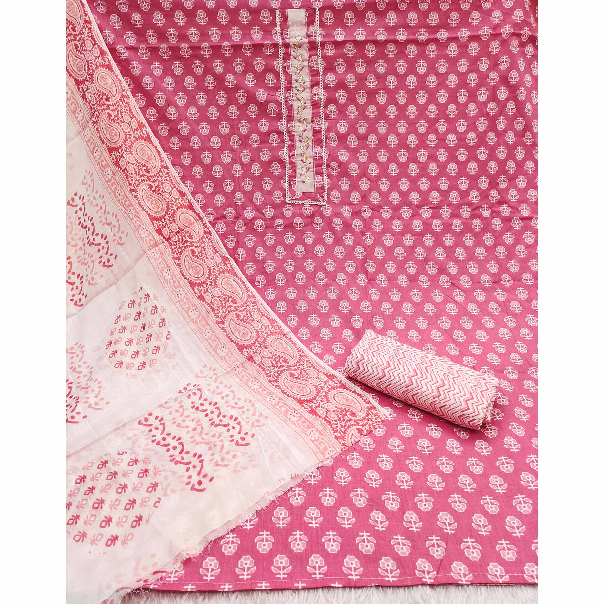 Pink Floral Printed Pure Cotton Dress Material With Elegant Neck Embroidery