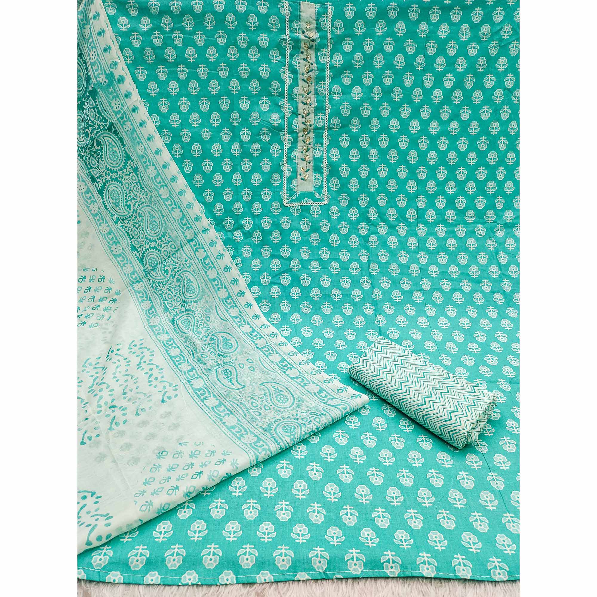 Turquoise Floral Printed Pure Cotton Dress Material With Elegant Neck Embroidery
