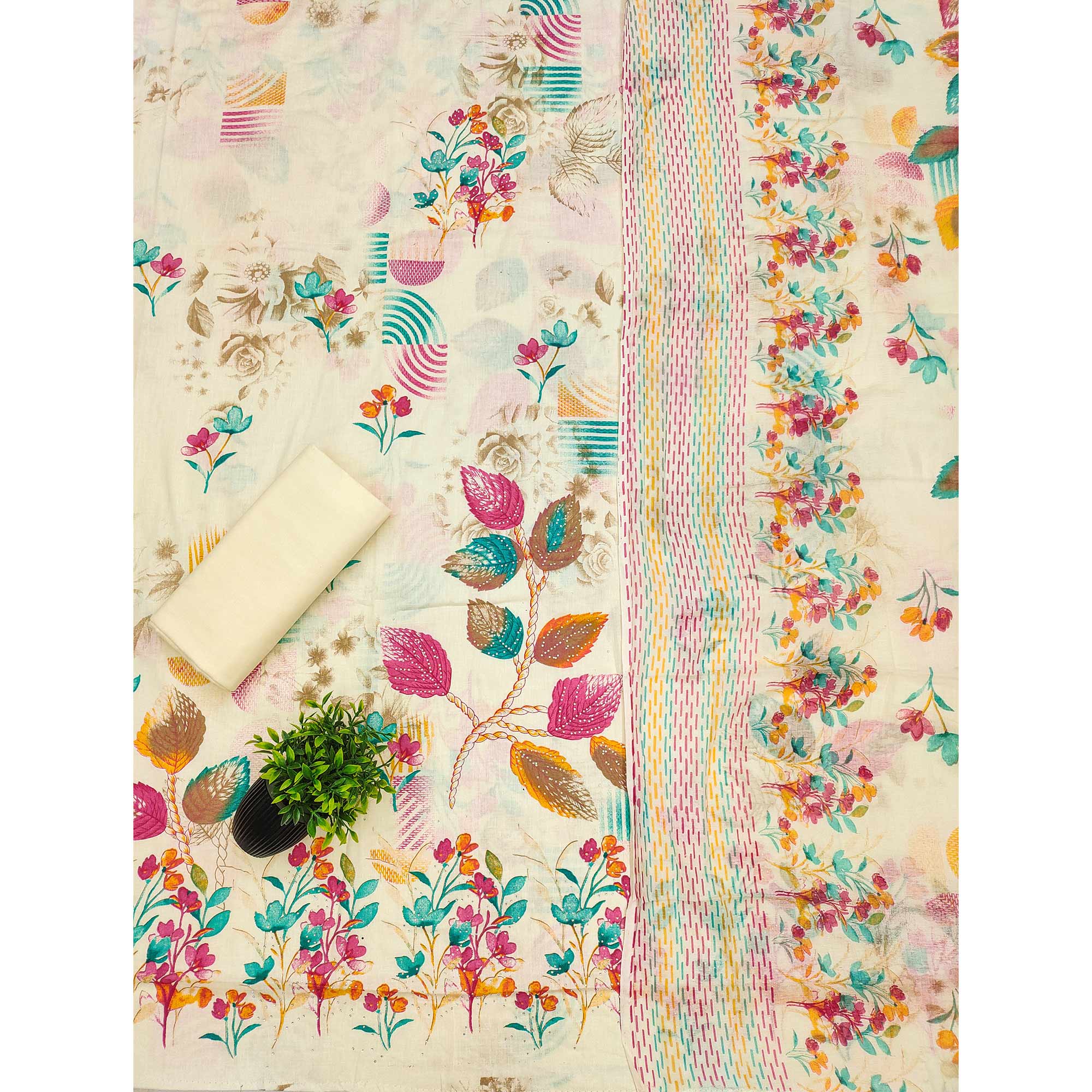 Cream Pure Cotton Suit Material Featuring Floral Patterns and Sparkling Stone Detailing