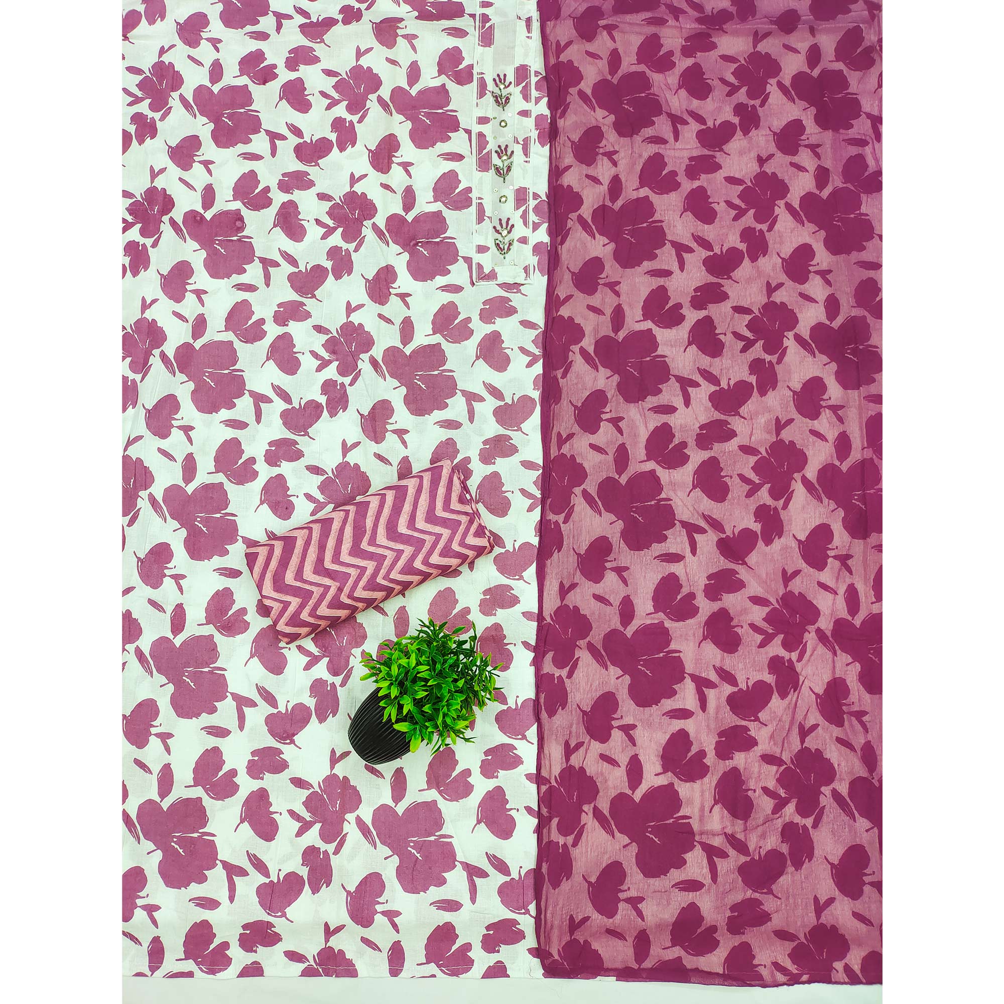 White Base Pure Cotton Dress Material Accented with Beautiful Purple Florals