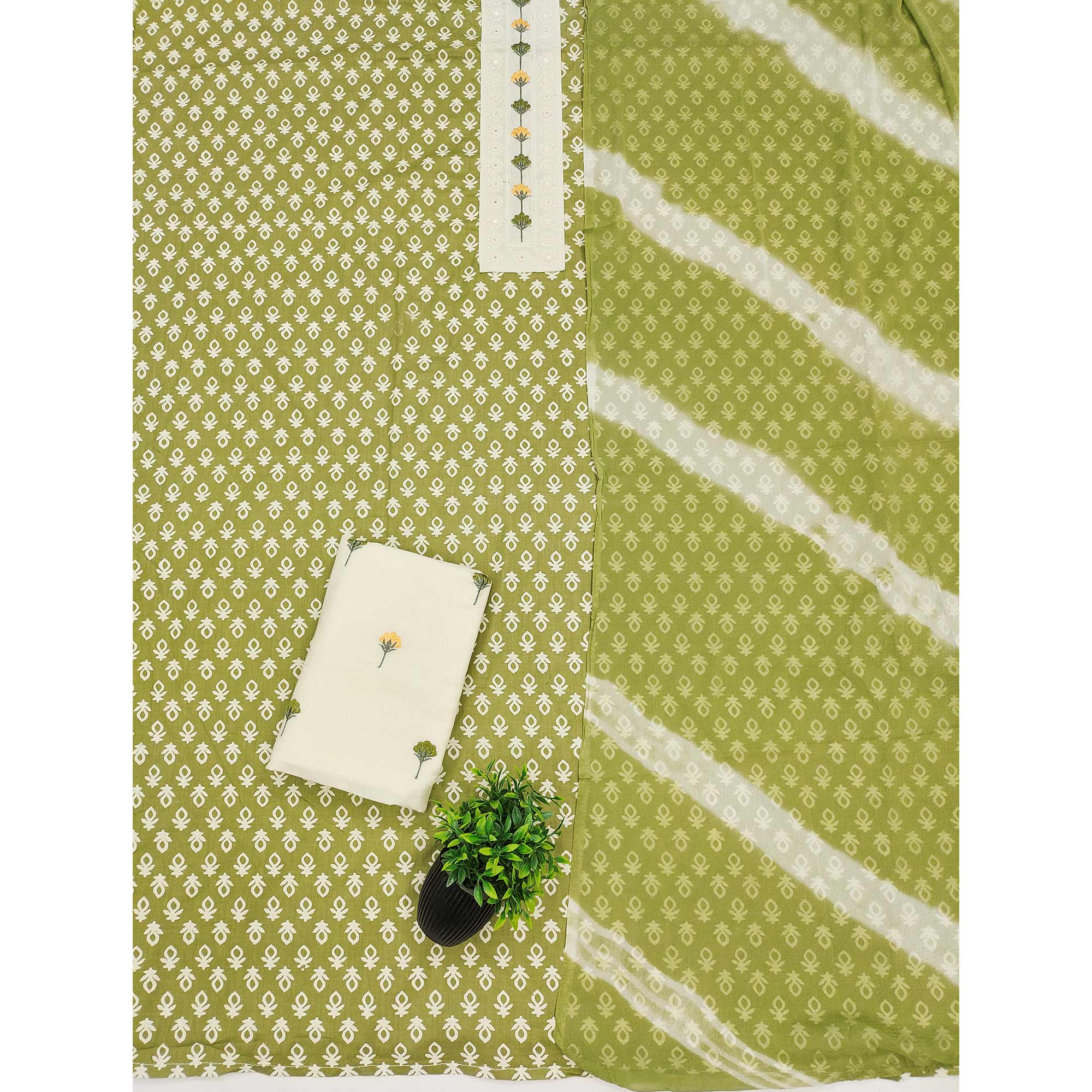 Floral Printed Pure Cotton Dress Material in Radiant Mehandi Green Tone