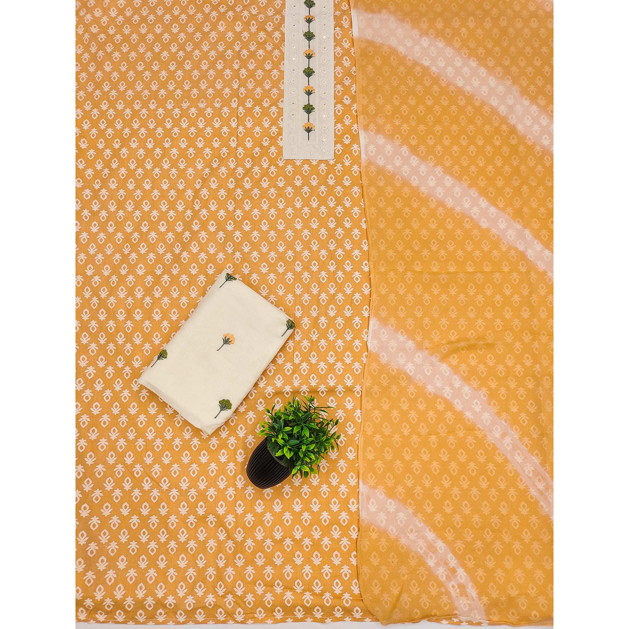 Floral Printed Pure Cotton Dress Material in Radiant Orange Tone