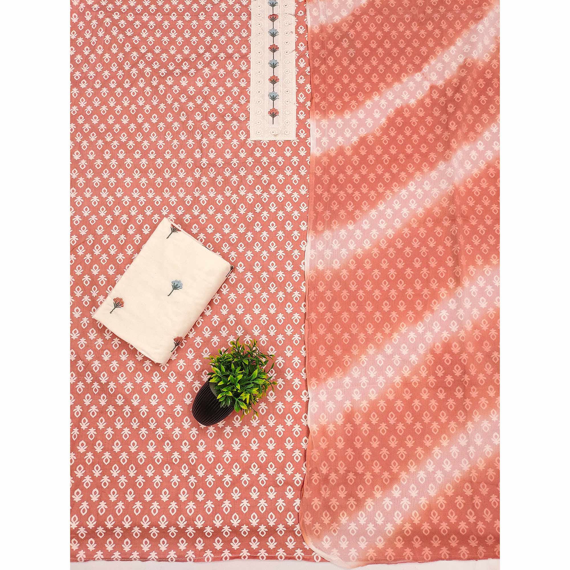 Floral Printed Pure Cotton Dress Material in Radiant Peach Tone