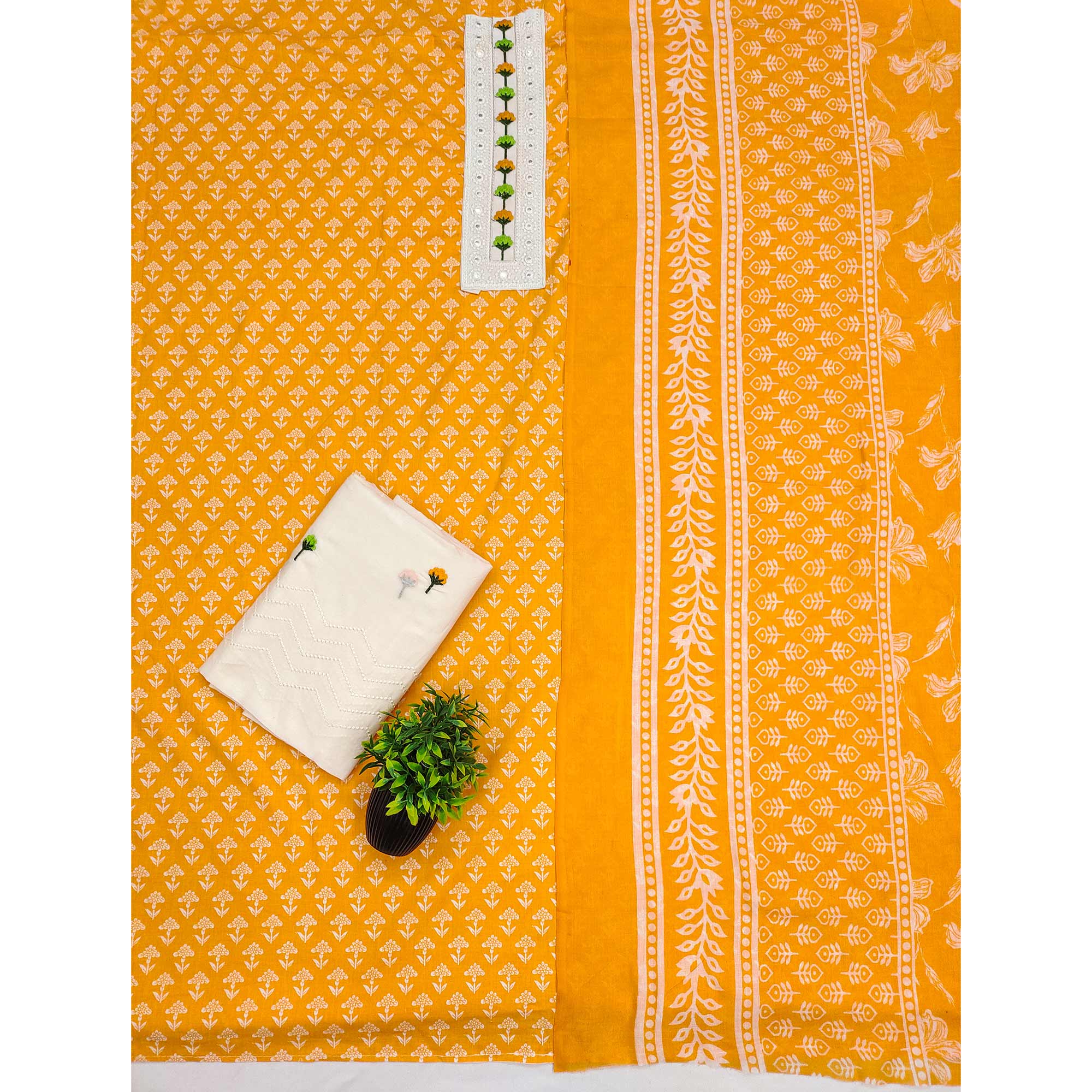Floral Printed Pure Cotton Dress Material in Radiant Yellow Tone