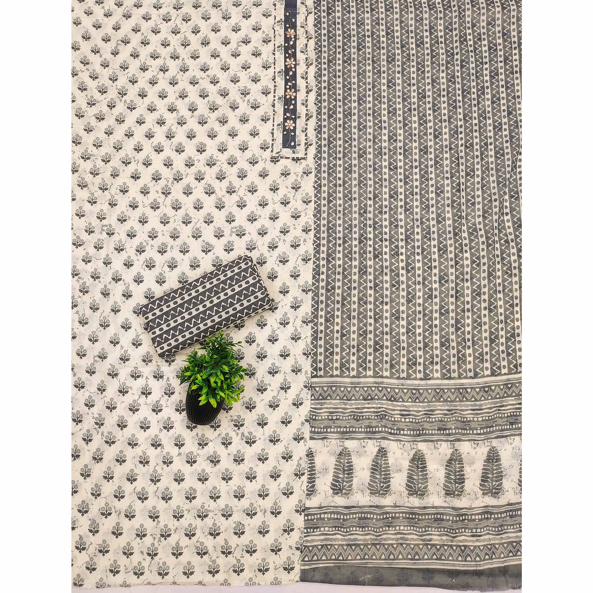 Grey Cotton Suit Material Enhanced with Soft Floral Prints
