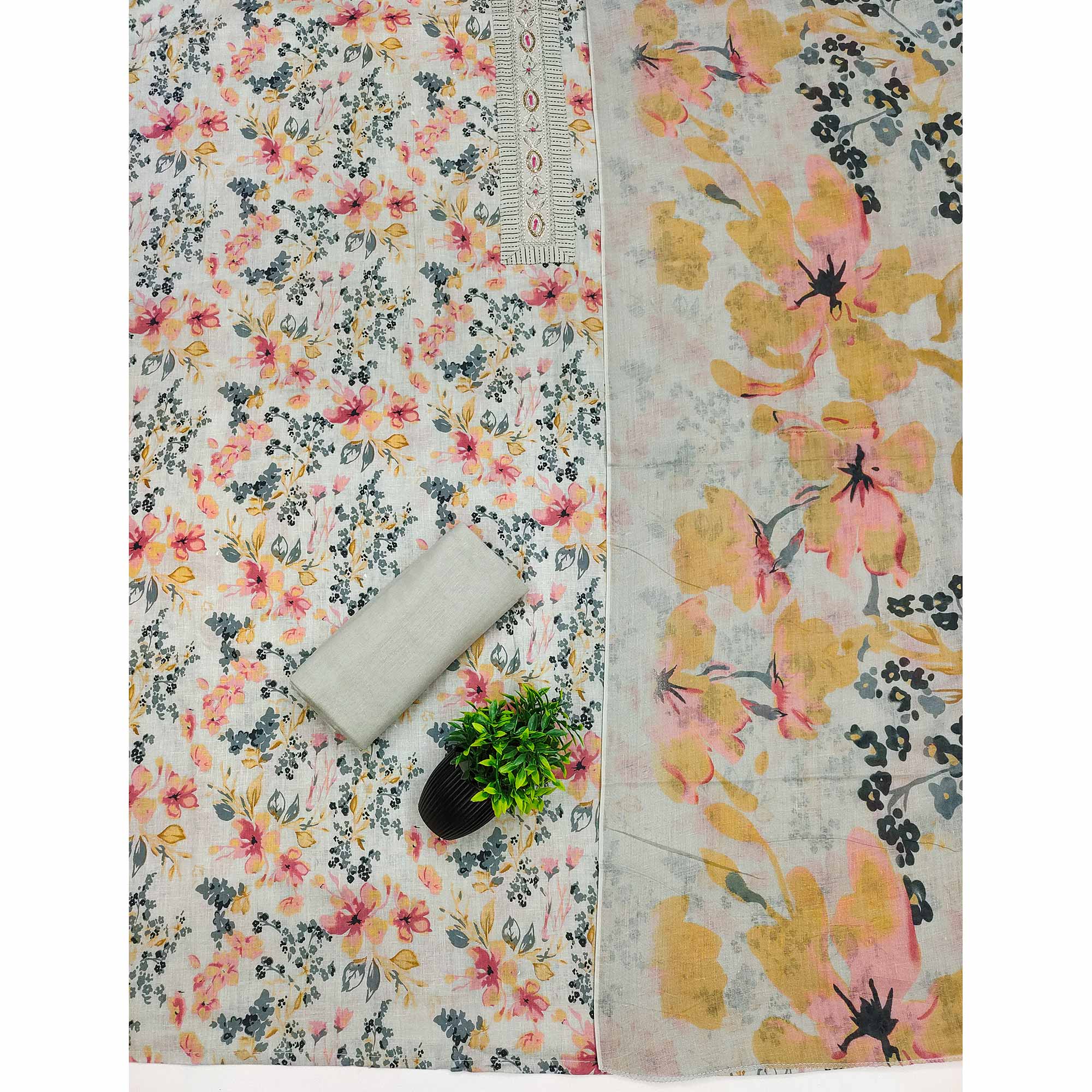 Soft Pure Cotton Dress Material in Fresh Grey with Floral Pattern