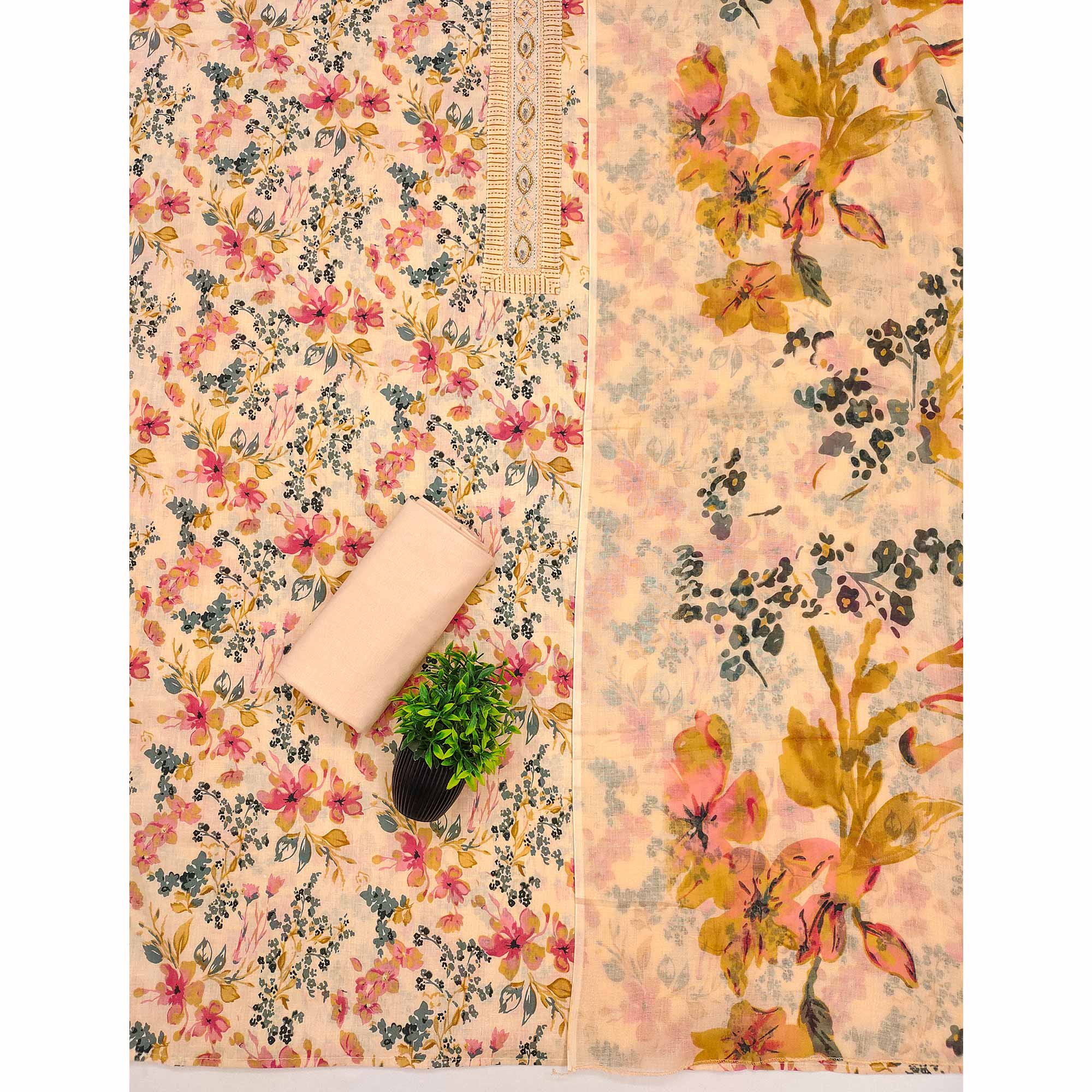 Soft Pure Cotton Dress Material in Fresh Peach with Floral Pattern