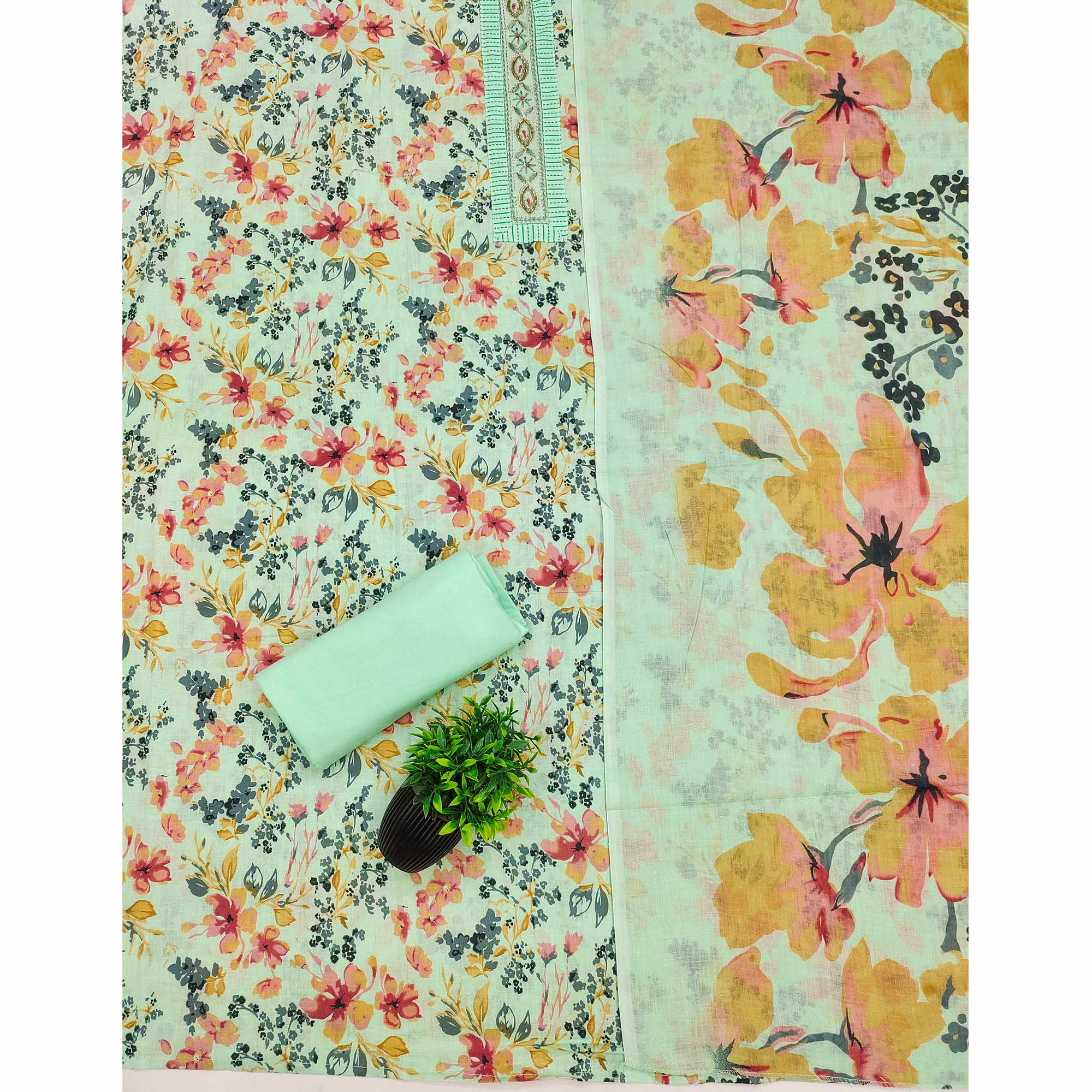 Soft Pure Cotton Dress Material in Fresh Sea Green with Floral Pattern