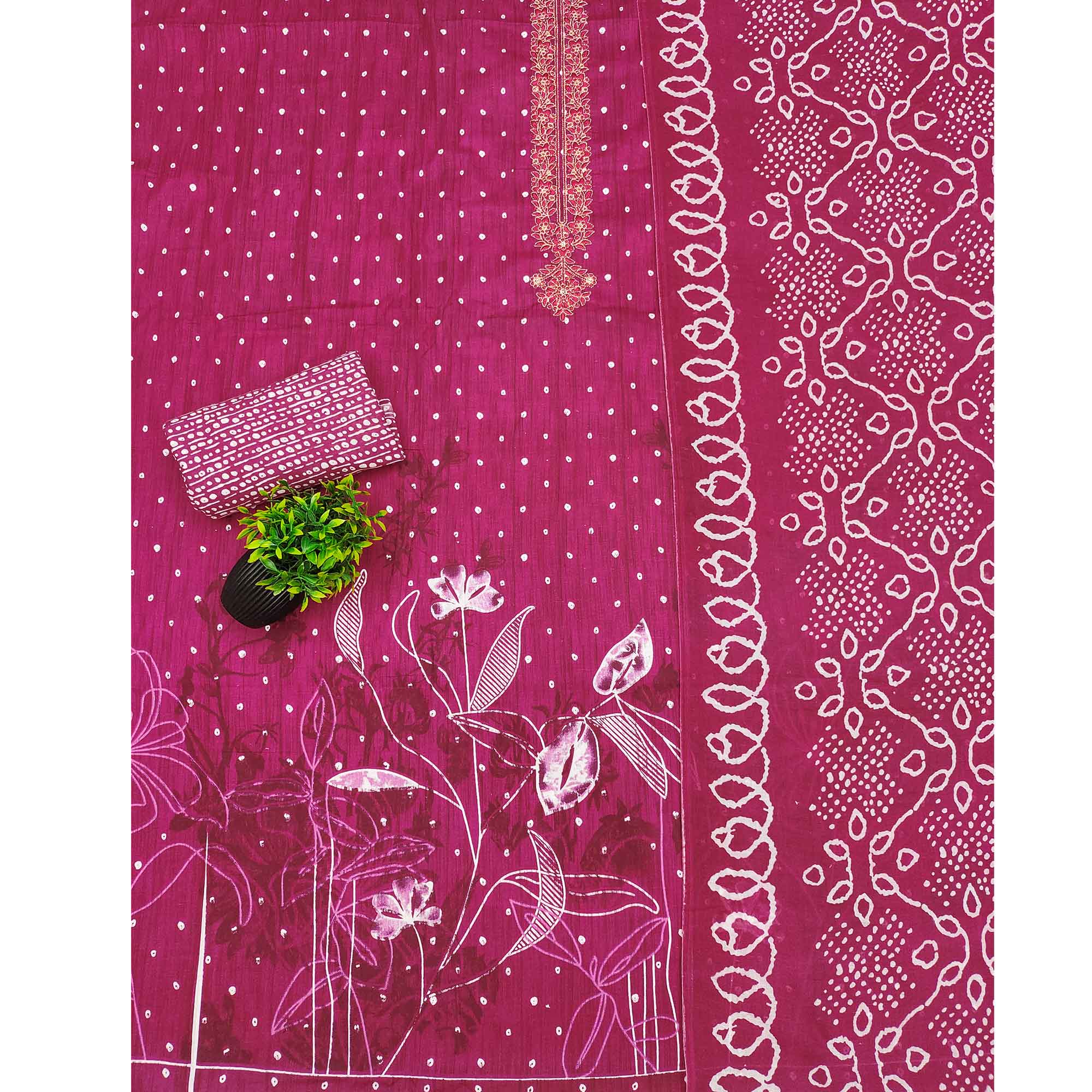 Rani Pink Pure Cotton Dress Material Showcasing Floral & Bandhani Prints With Neck Embroidery
