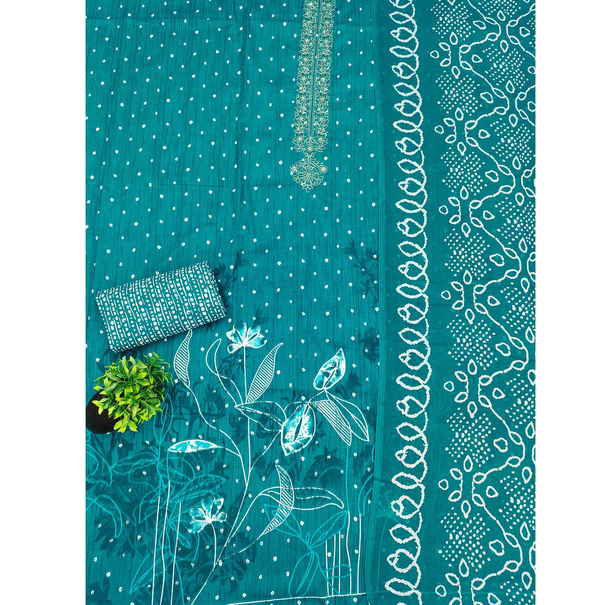 Teal Pure Cotton Dress Material Showcasing Floral & Bandhani Prints With Elegant Neck Embroidery