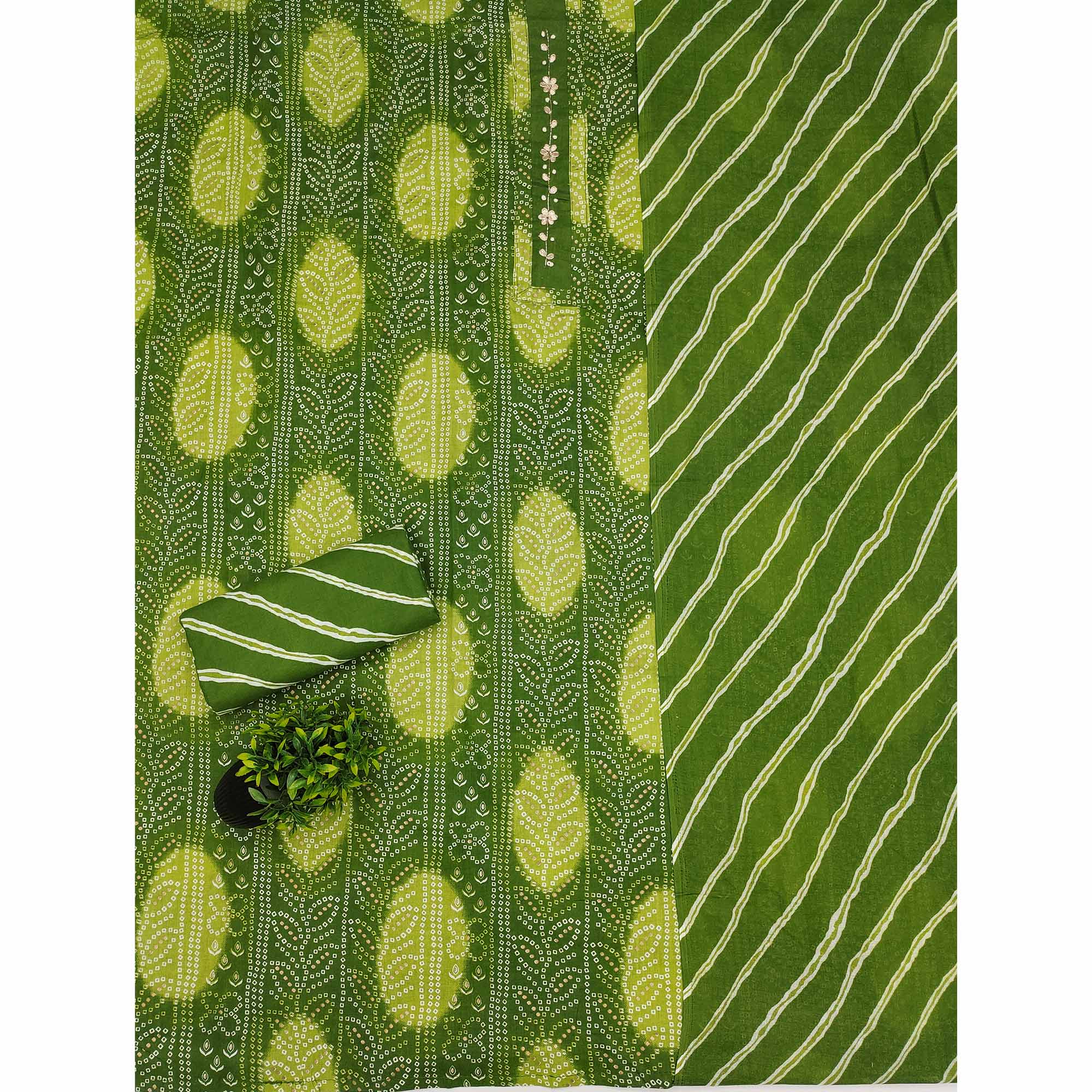 Green Pure Cotton Dress Material Adorned with Bandhani Print & Artistic Floral Handwork Detailing