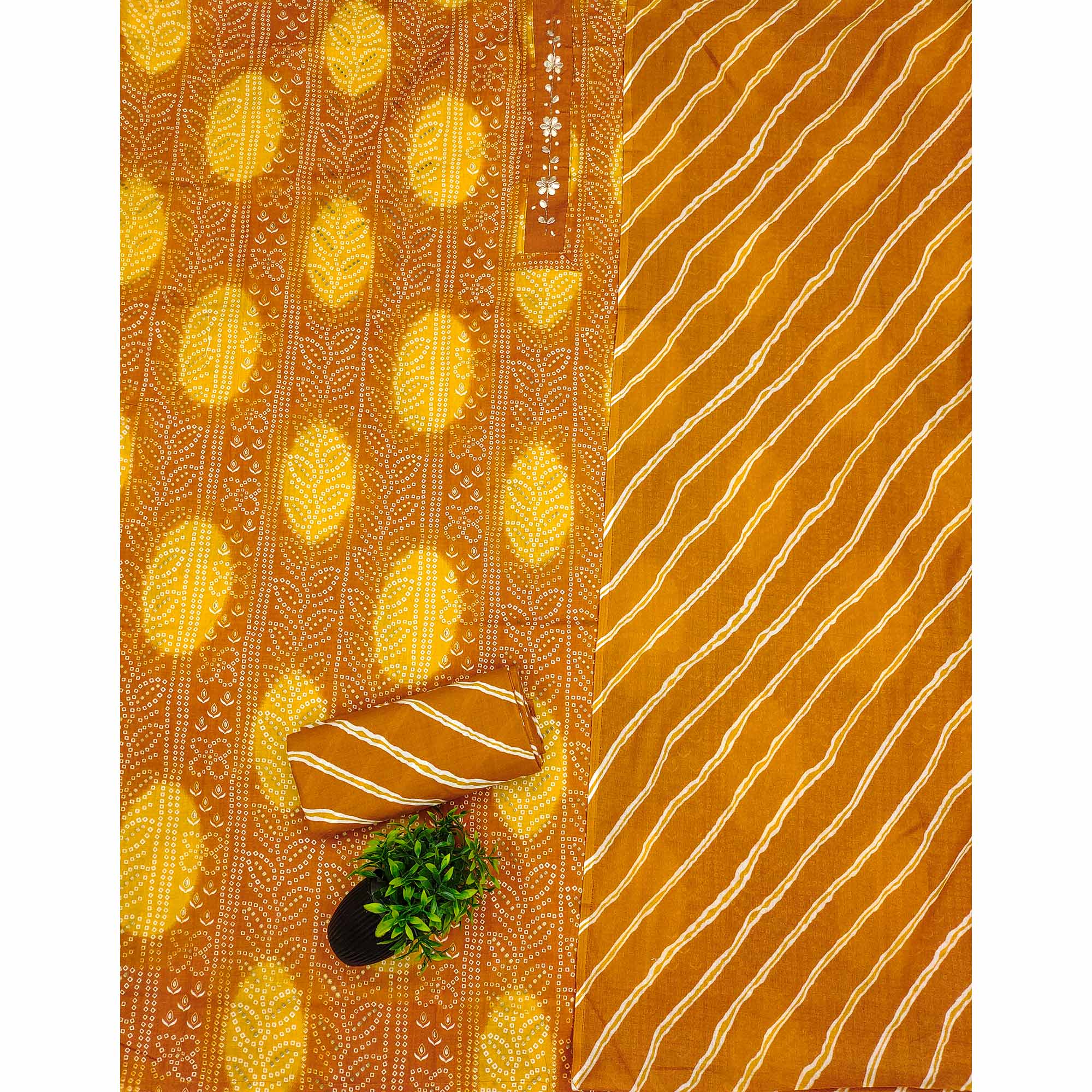 Mustard Pure Cotton Dress Material Adorned with Bandhani Print & Artistic Floral Handwork Detailing