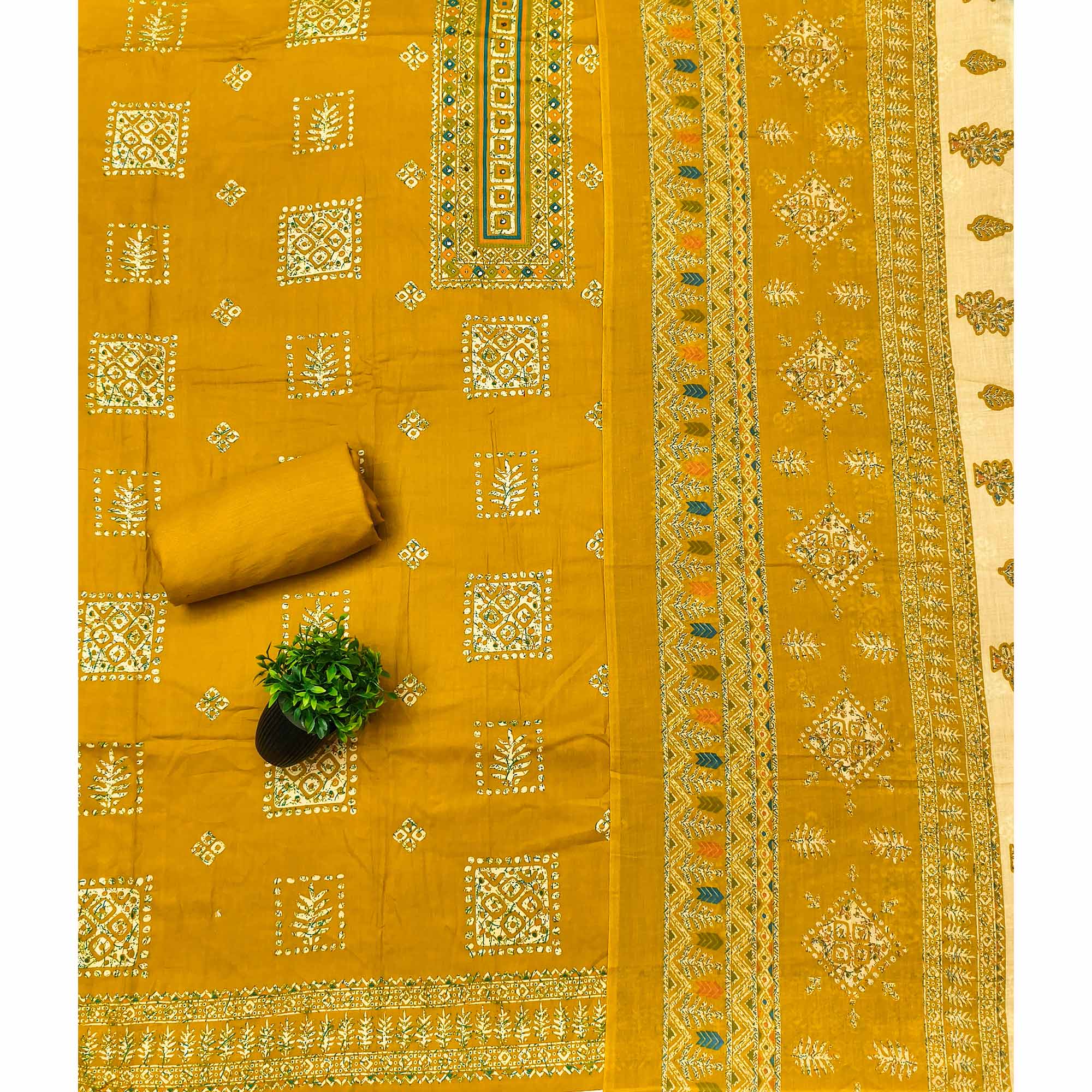 Graceful Mustard Floral Printed Pure Cotton Dress Material With Elegant Neck Embroidery Work