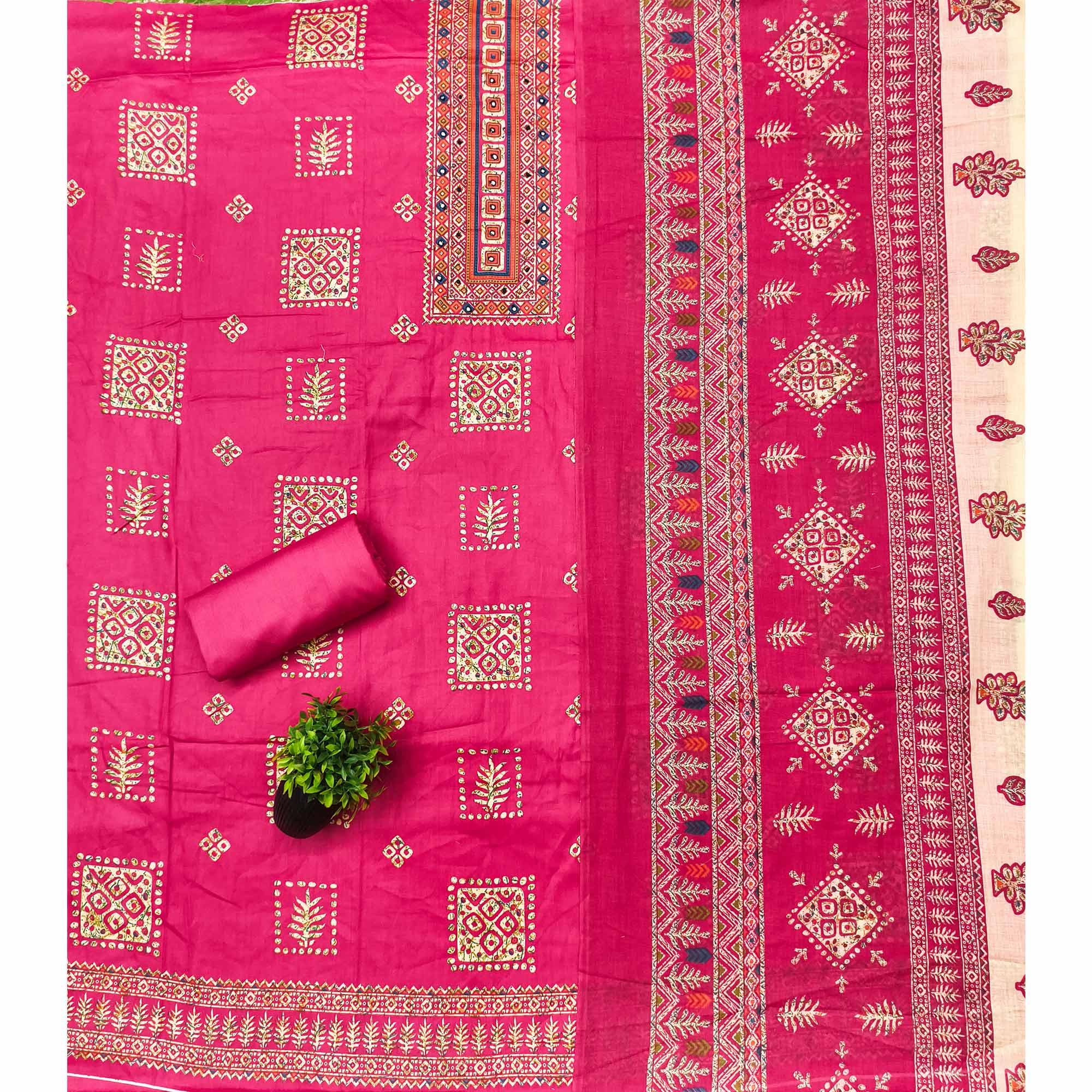 Graceful Rani Pink Floral Printed Pure Cotton Dress Material With Elegant Neck Embroidery Work