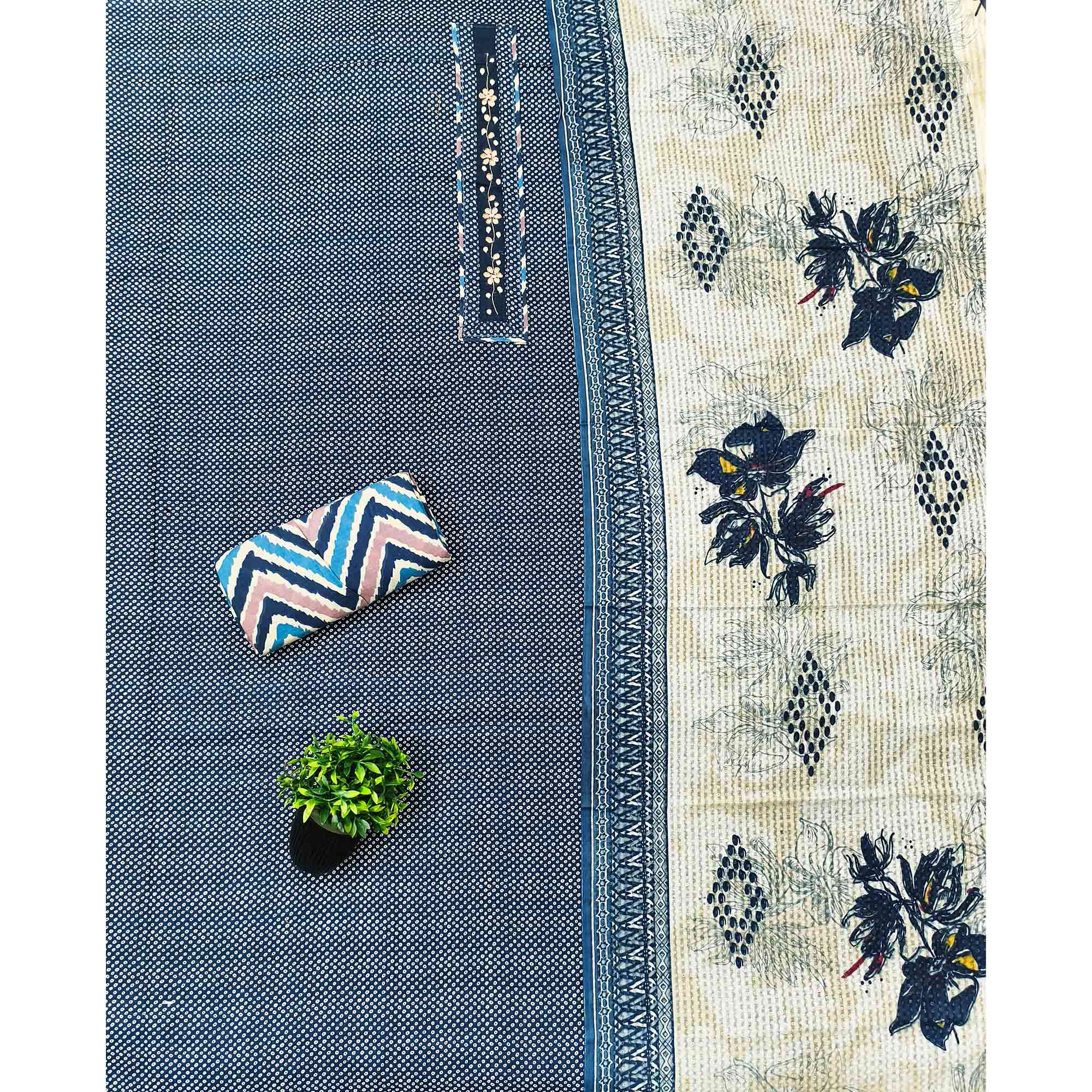 Elegant Blue Bandhani Printed Pure Cotton Dress Material Enhanced With Delicate Floral Handwork