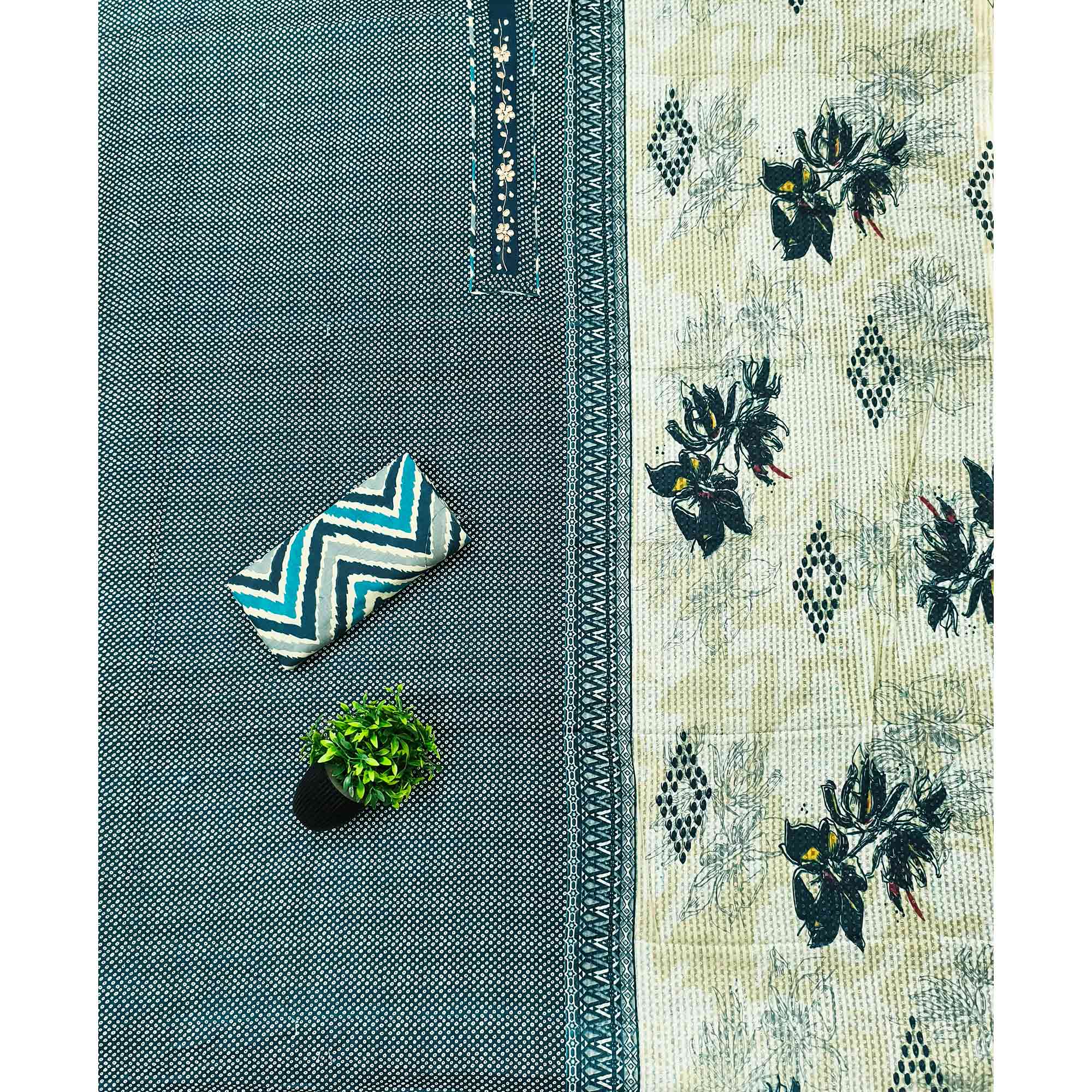 Elegant Teal Bandhani Printed Pure Cotton Dress Material Enhanced With Delicate Floral Handwork