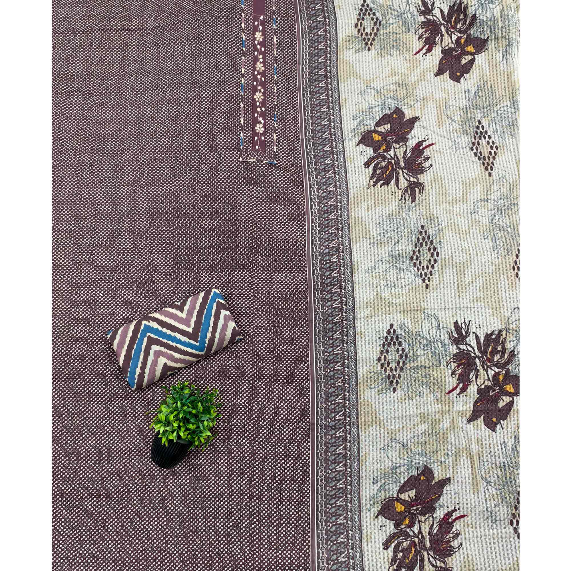 Elegant Wine Bandhani Printed Pure Cotton Dress Material Enhanced With Delicate Floral Handwork