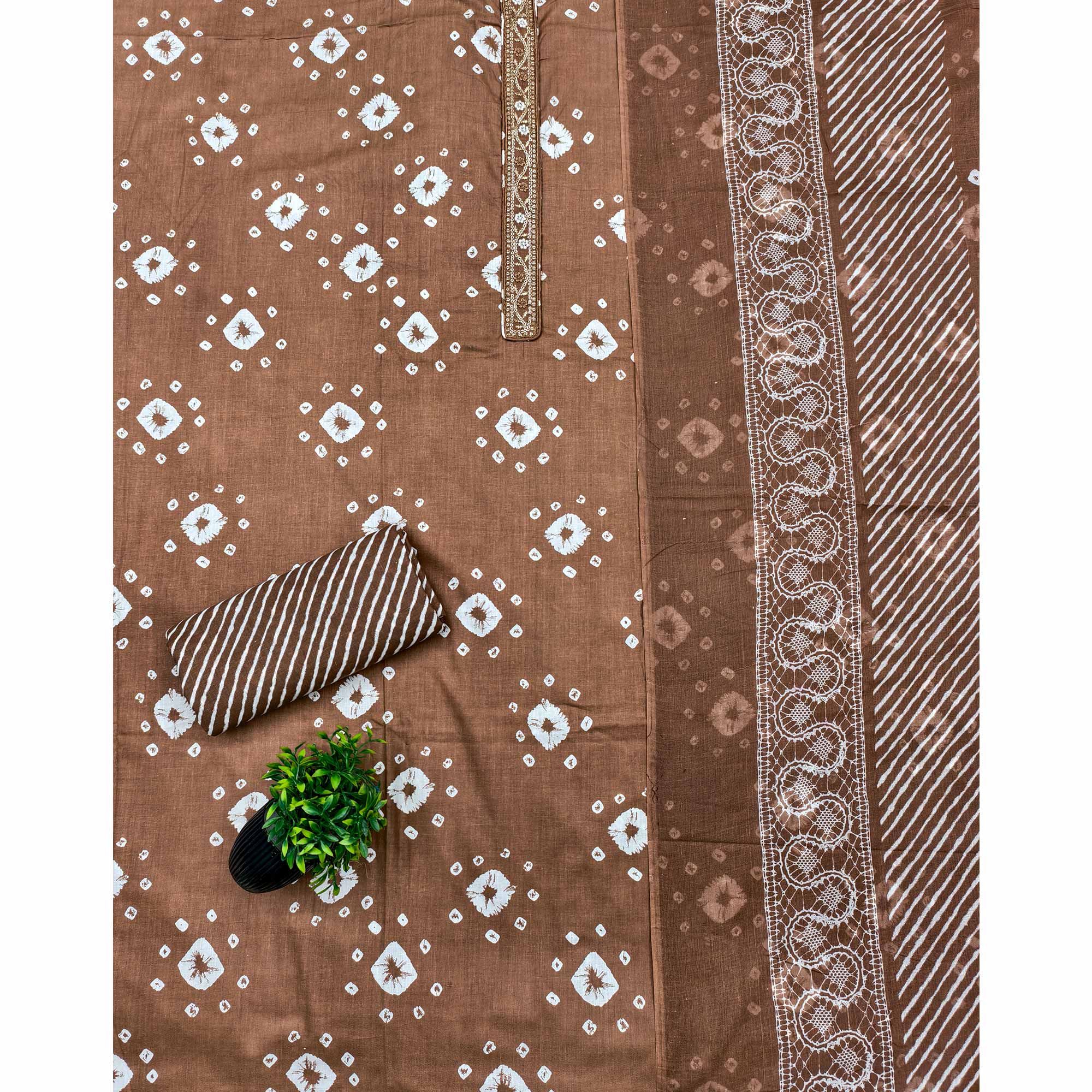 Classic Brown Bandhani Print Pure Cotton Dress Material Accented With Floral Sequins Embroidery
