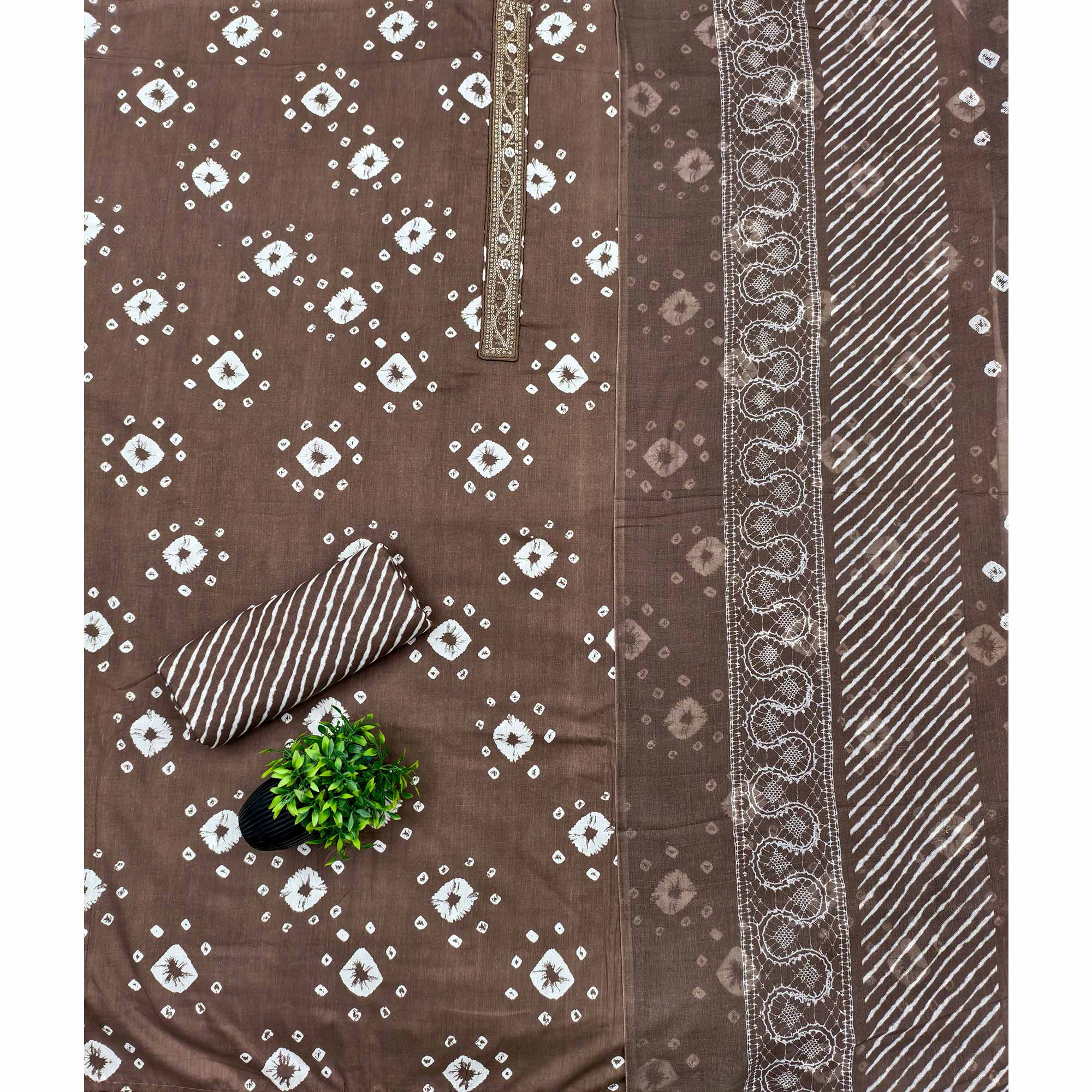 Classic Dark Brown Bandhani Print Pure Cotton Dress Material Accented With Floral Sequins Embroidery