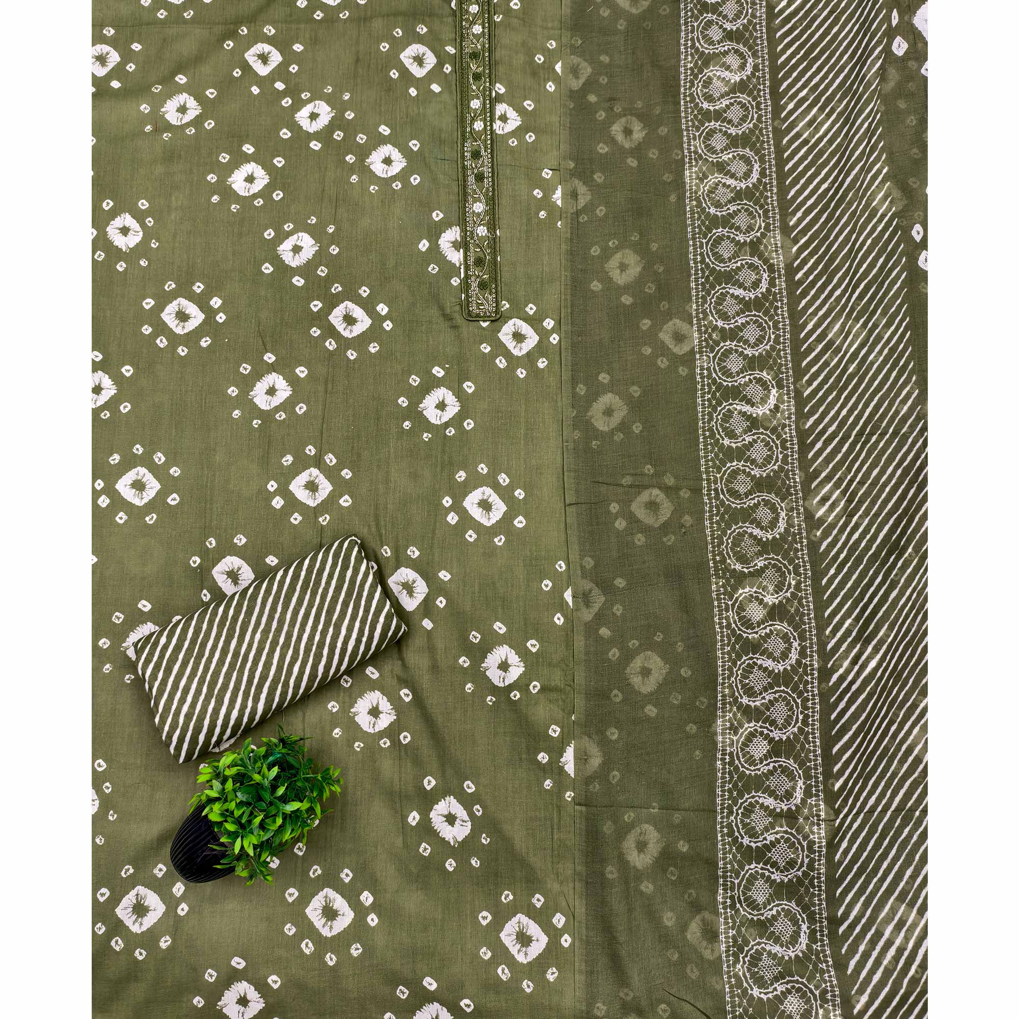 Classic Green Bandhani Print Pure Cotton Dress Material Accented With Floral Sequins Embroidery