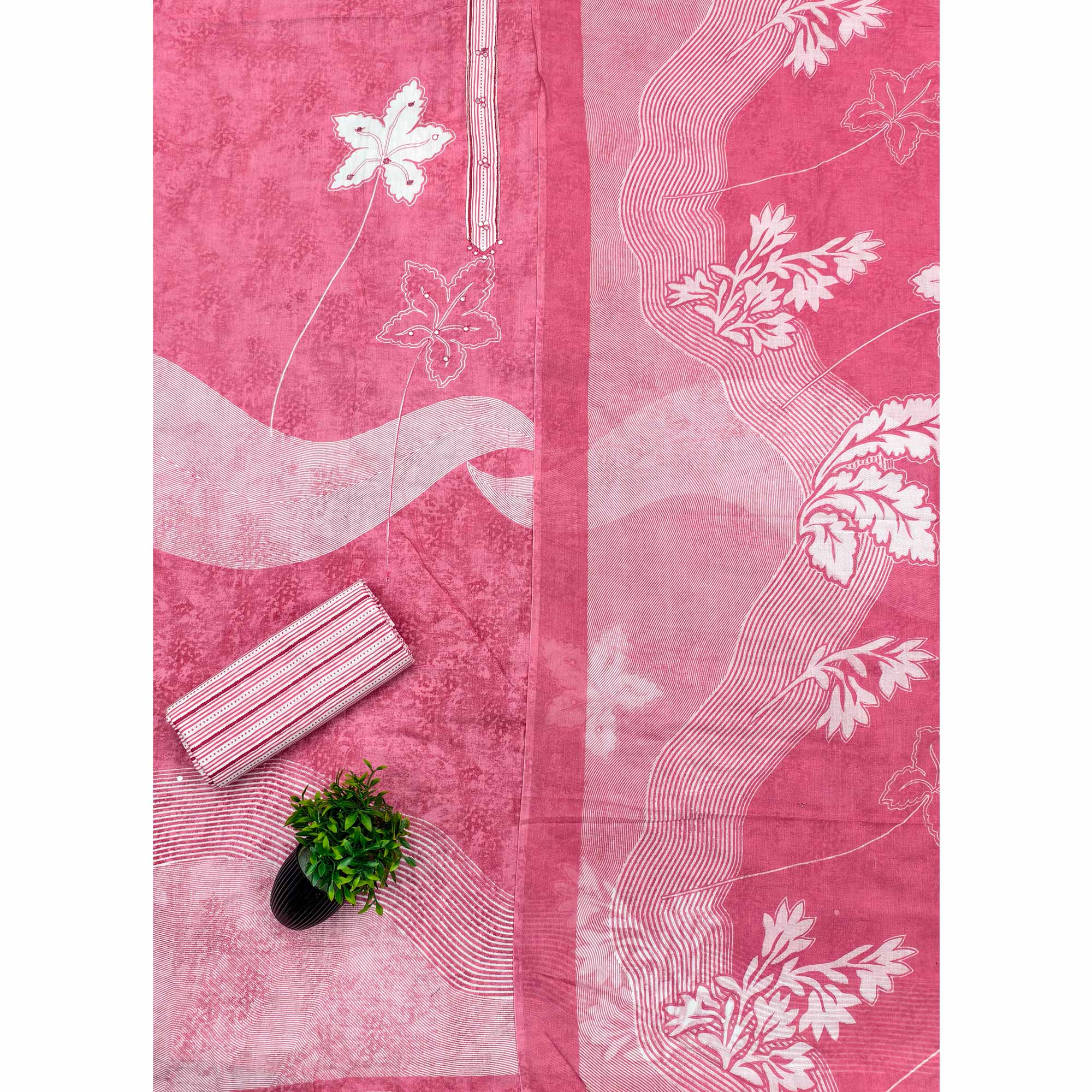 Charming Pink Floral & Leaf Printed Pure Cotton Dress Material Featuring Subtle Embroidery Work