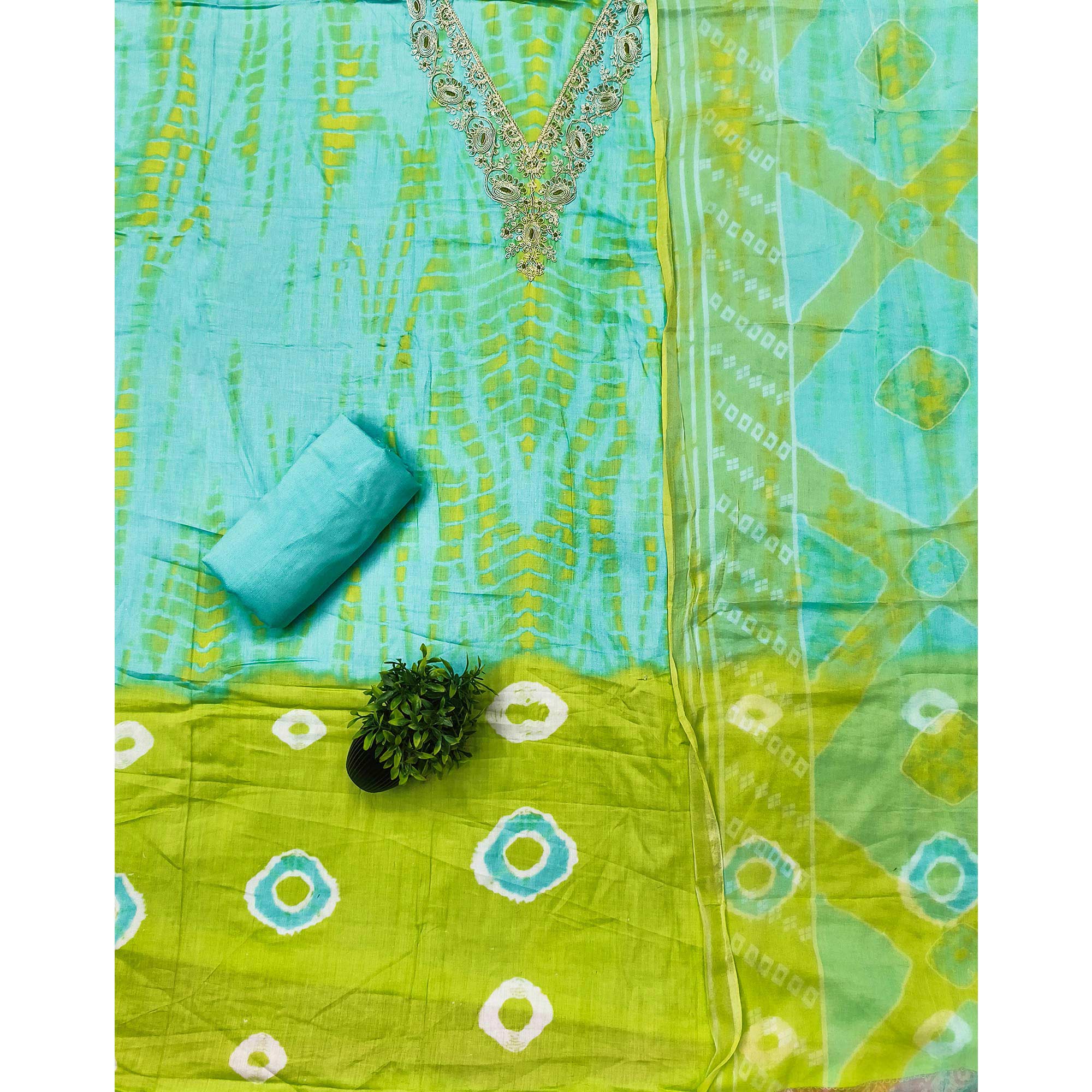 Ethnic Turquoise & Green Bandhani Print Pure Cotton Dress Material Accented With Cording Embroidery