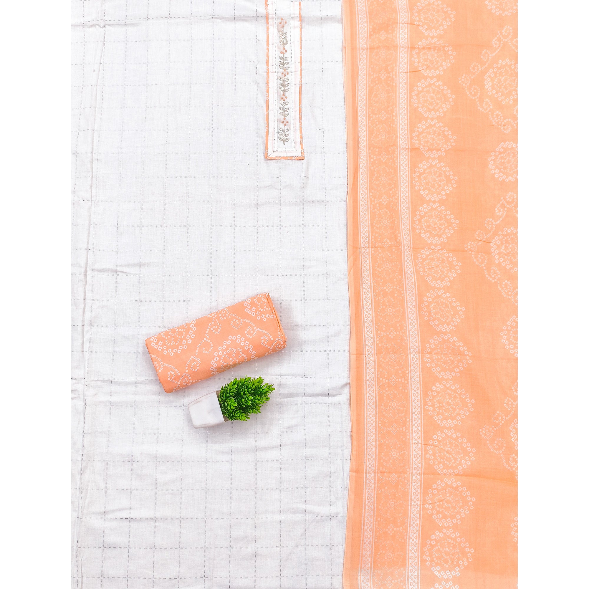 Elegant White & Orange Checks Printed Pure Cotton Dress Material With Delicate Handwork Accents