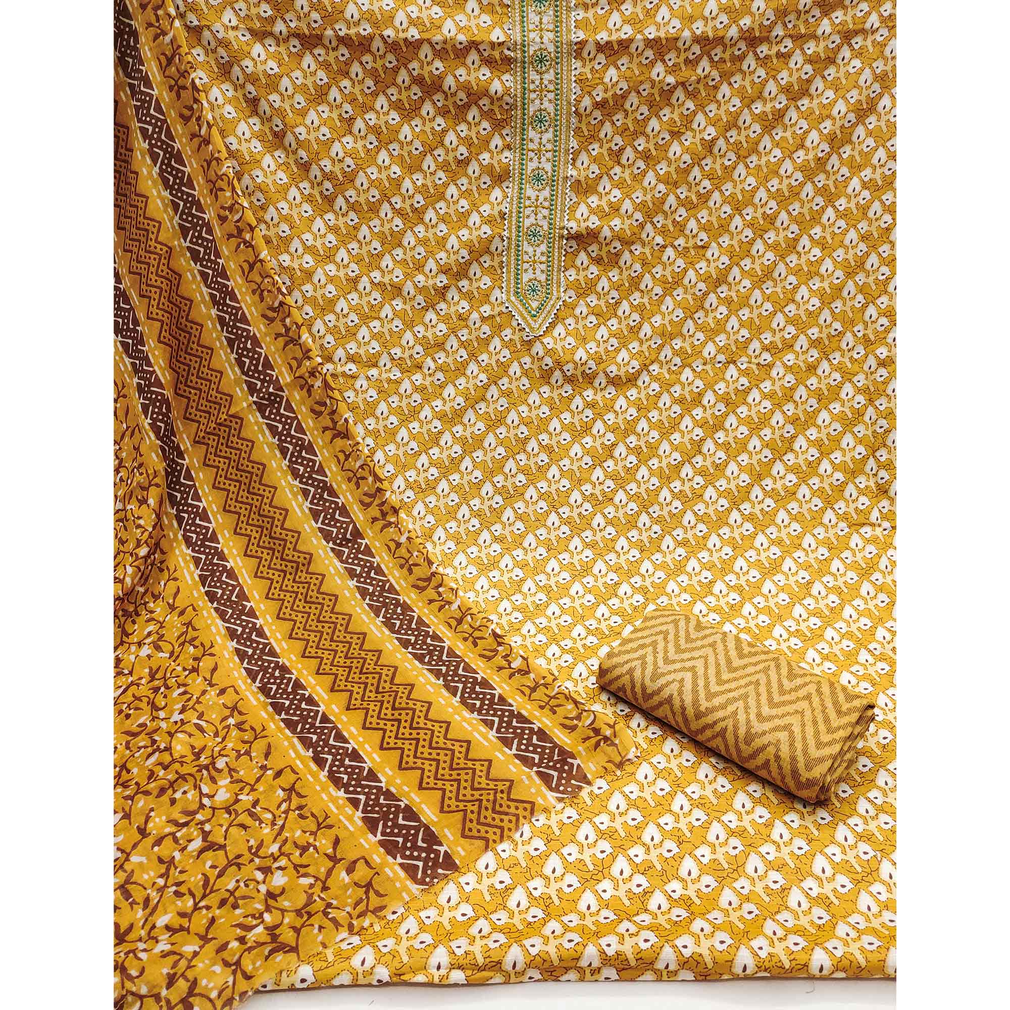 Mustard Floral Printed With Embroidered Pure Cotton Dress Material