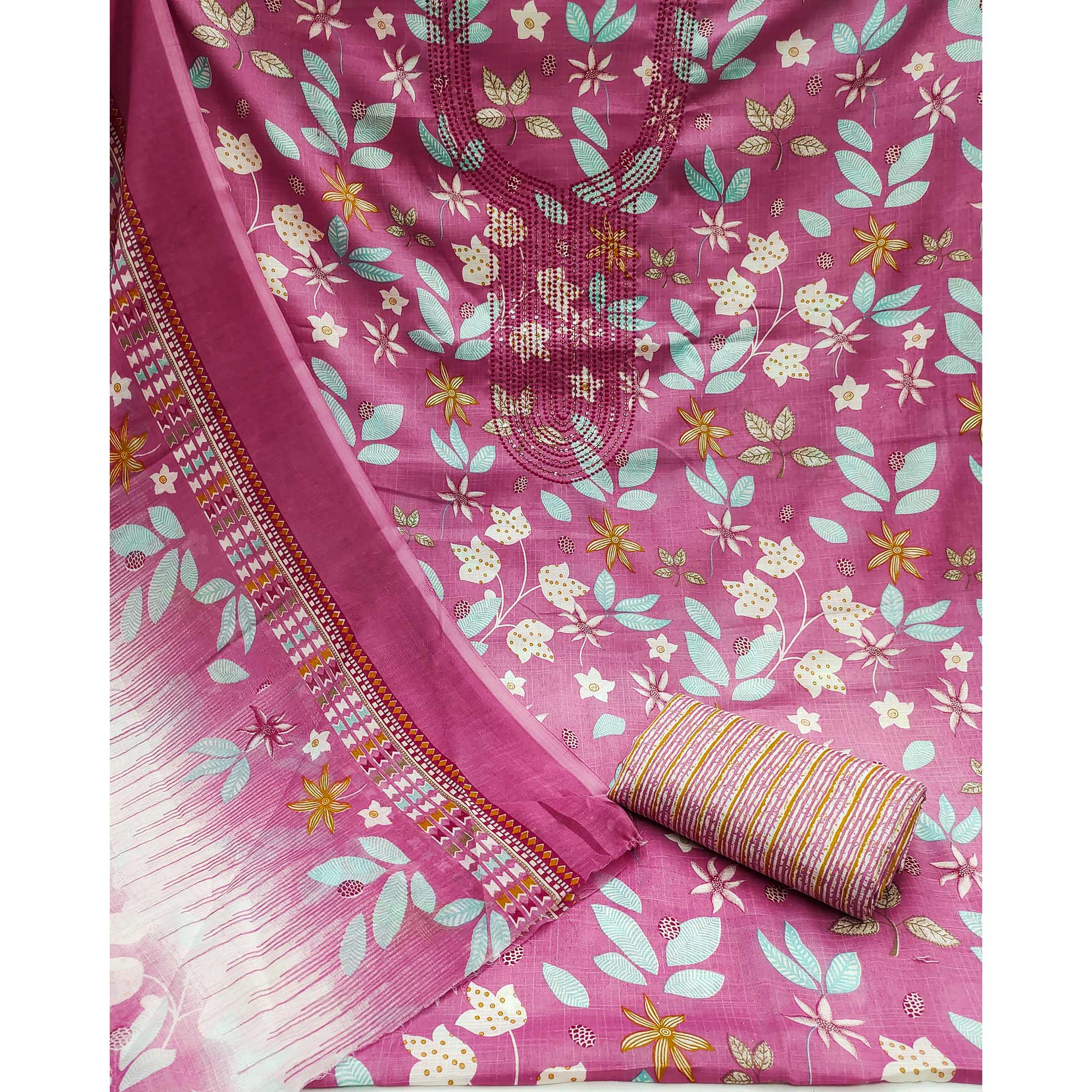 Pink Floral Printed With Sequins Embroidered Pure Cotton Dress Material