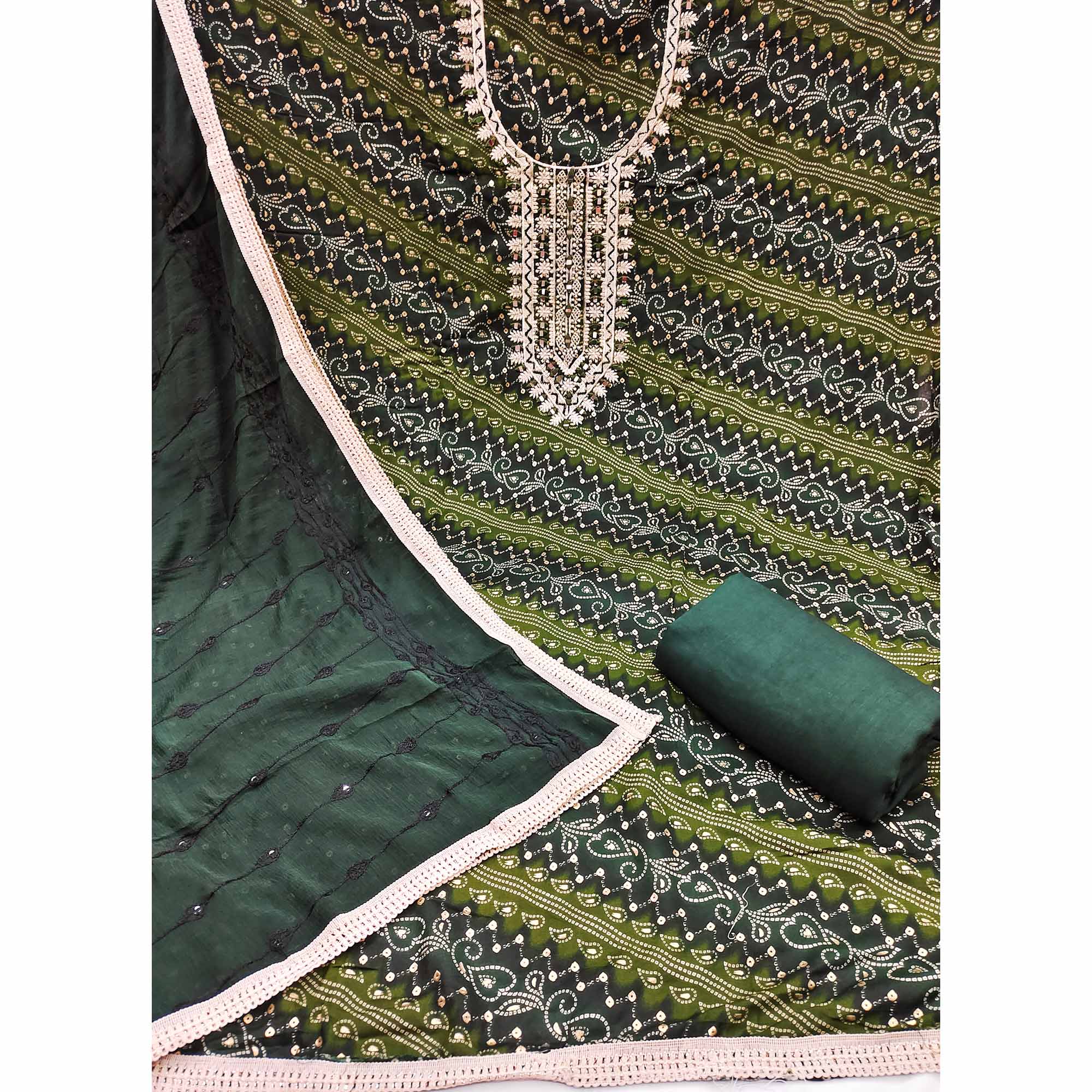 Green Bandhani Printed With Embroidered Rayon Dress Material