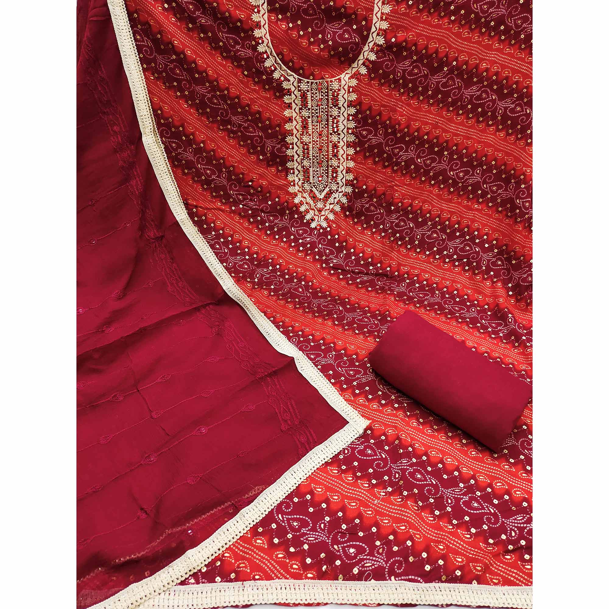 Maroon Bandhani Printed With Embroidered Rayon Dress Material