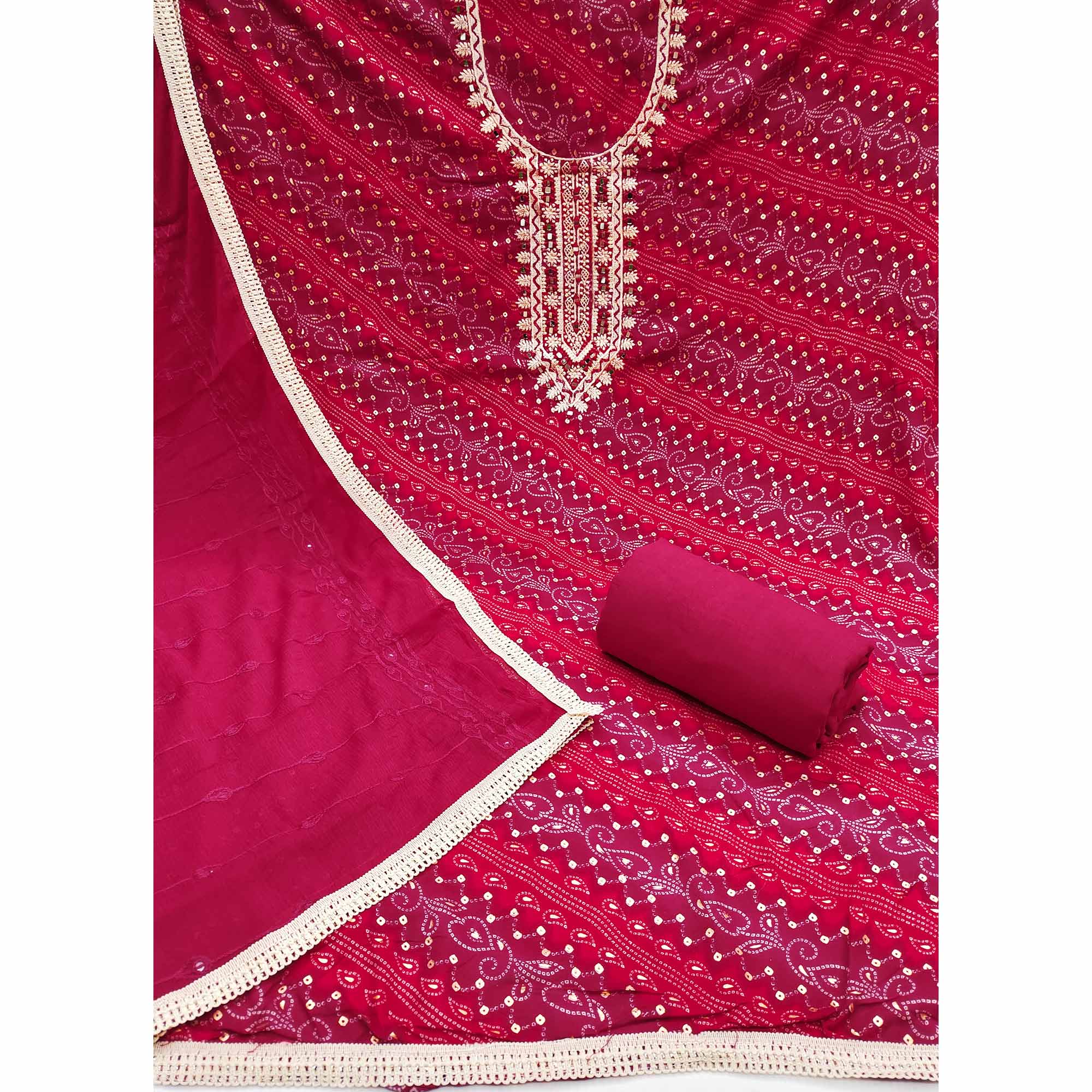 Pink Bandhani Printed With Embroidered Rayon Dress Material