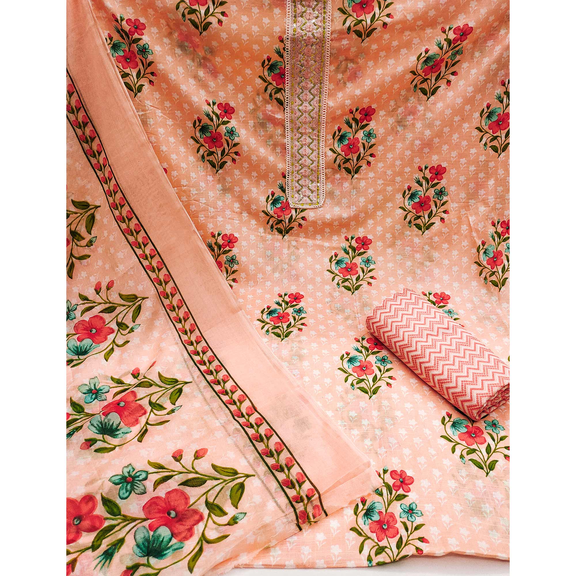 Peach Floral Printed With Sequins Embroidered Pure Cotton Dress Material