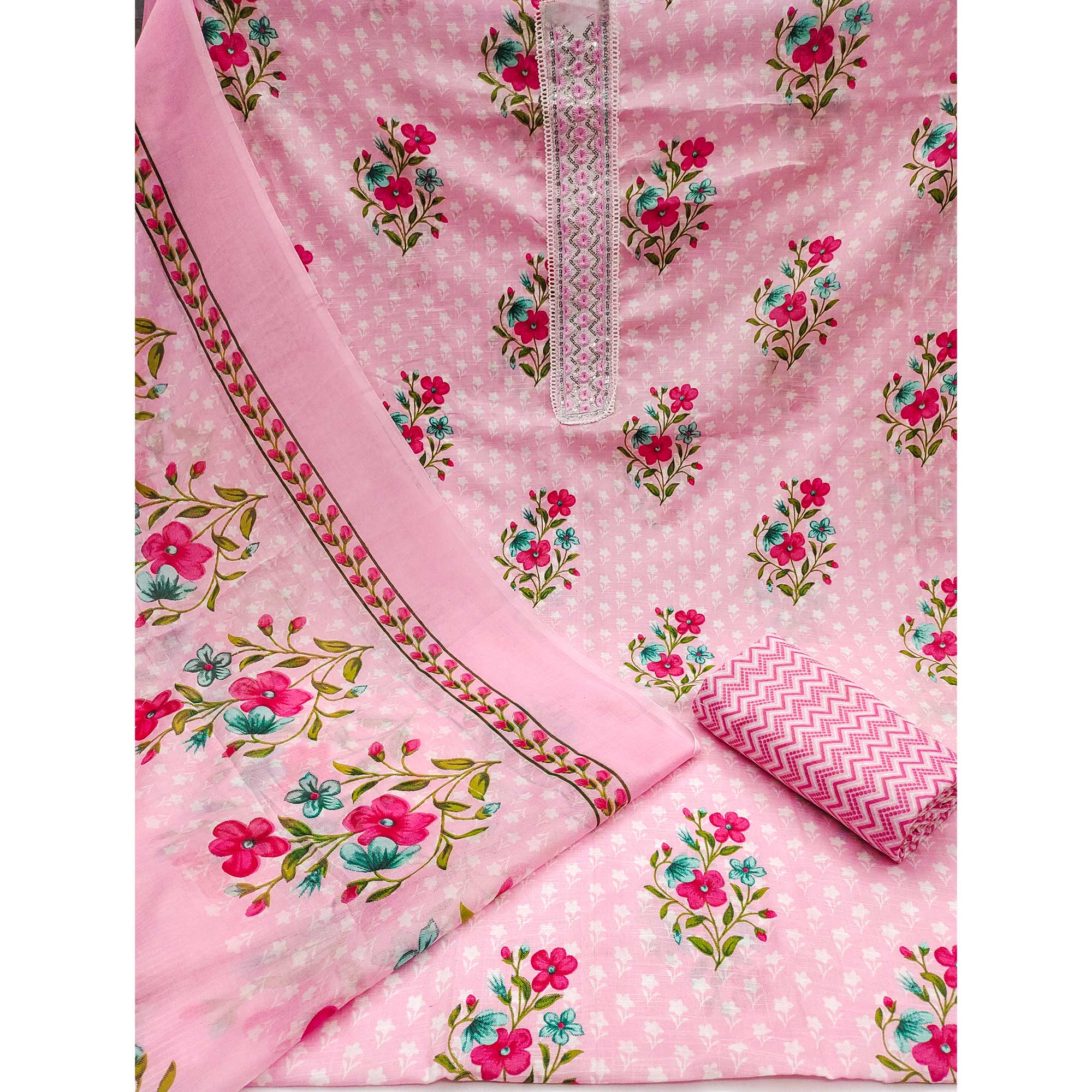 Pink Floral Printed With Sequins Embroidered Pure Cotton Dress Material