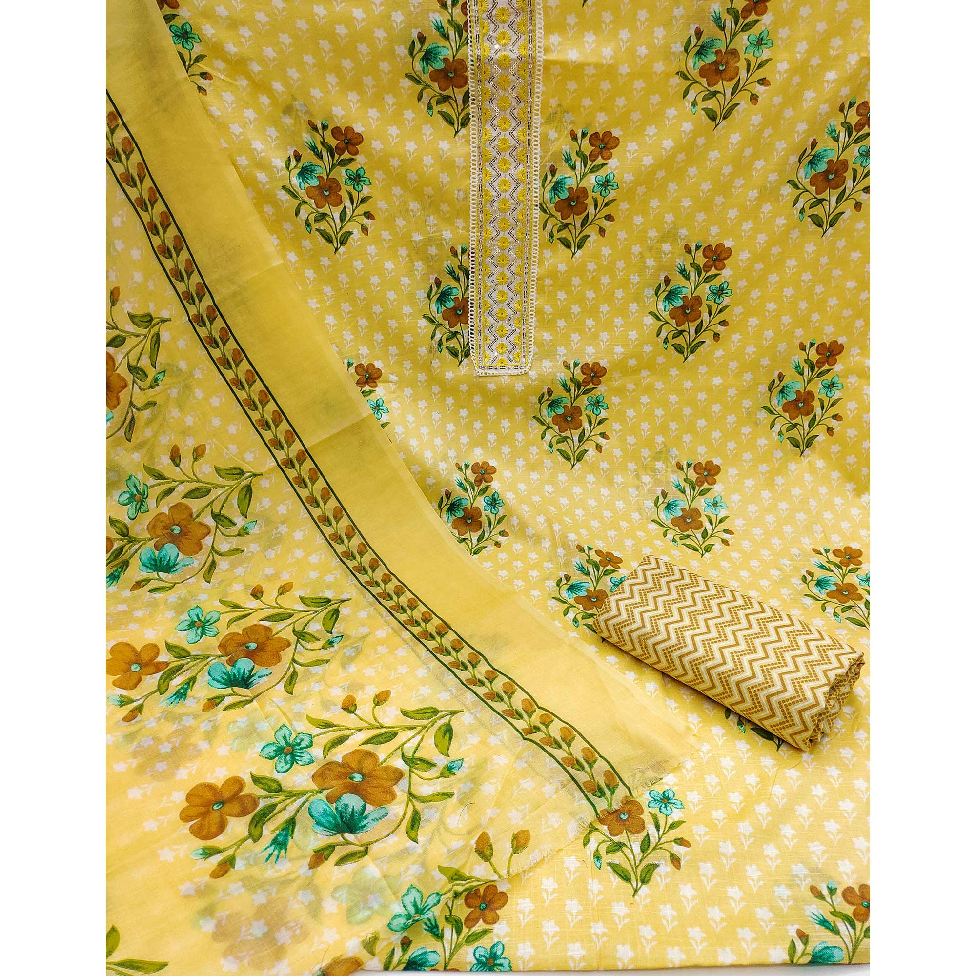 Yellow Floral Printed With Sequins Embroidered Pure Cotton Dress Material