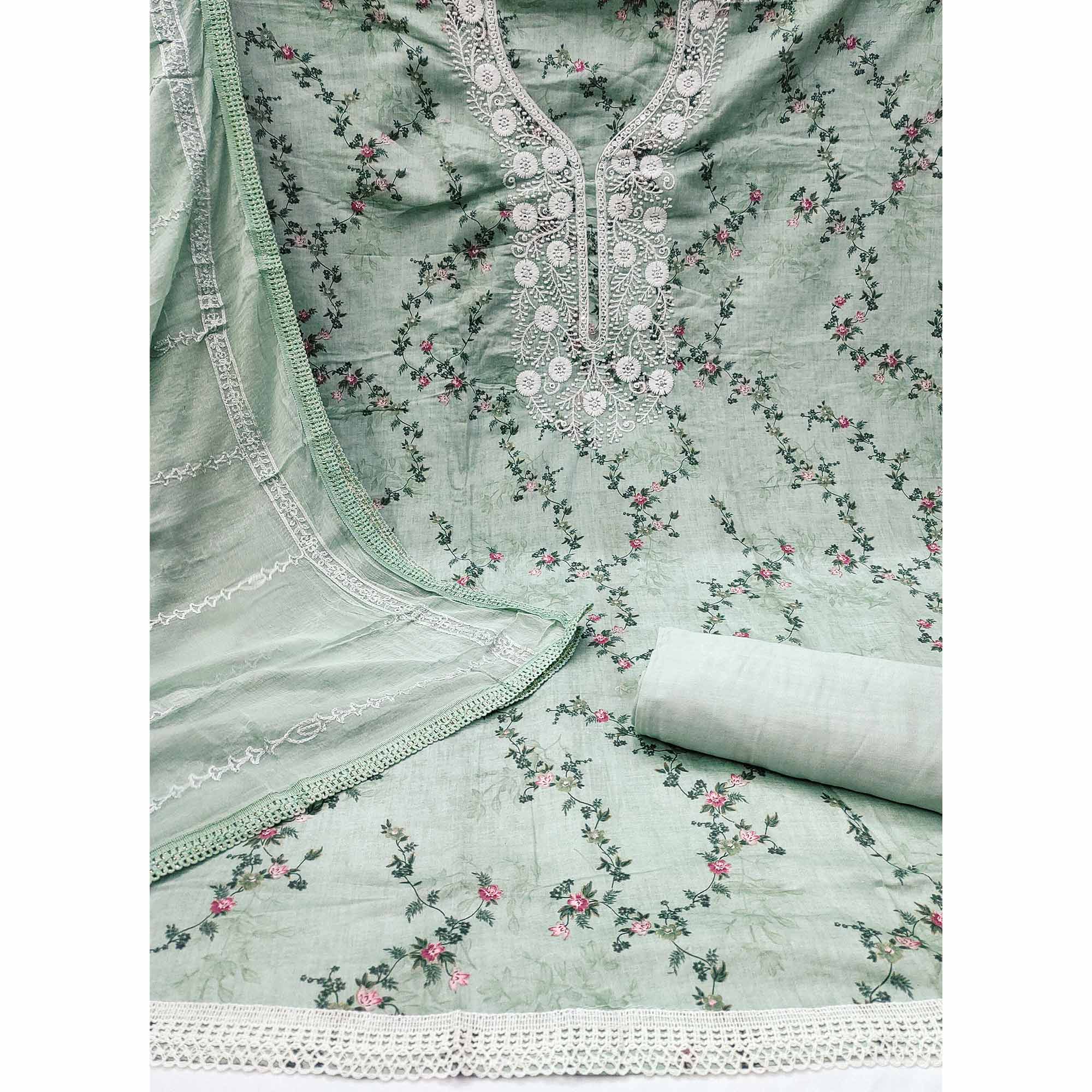 Green Floral Printed With Embroidery Pure Cotton Dress Material