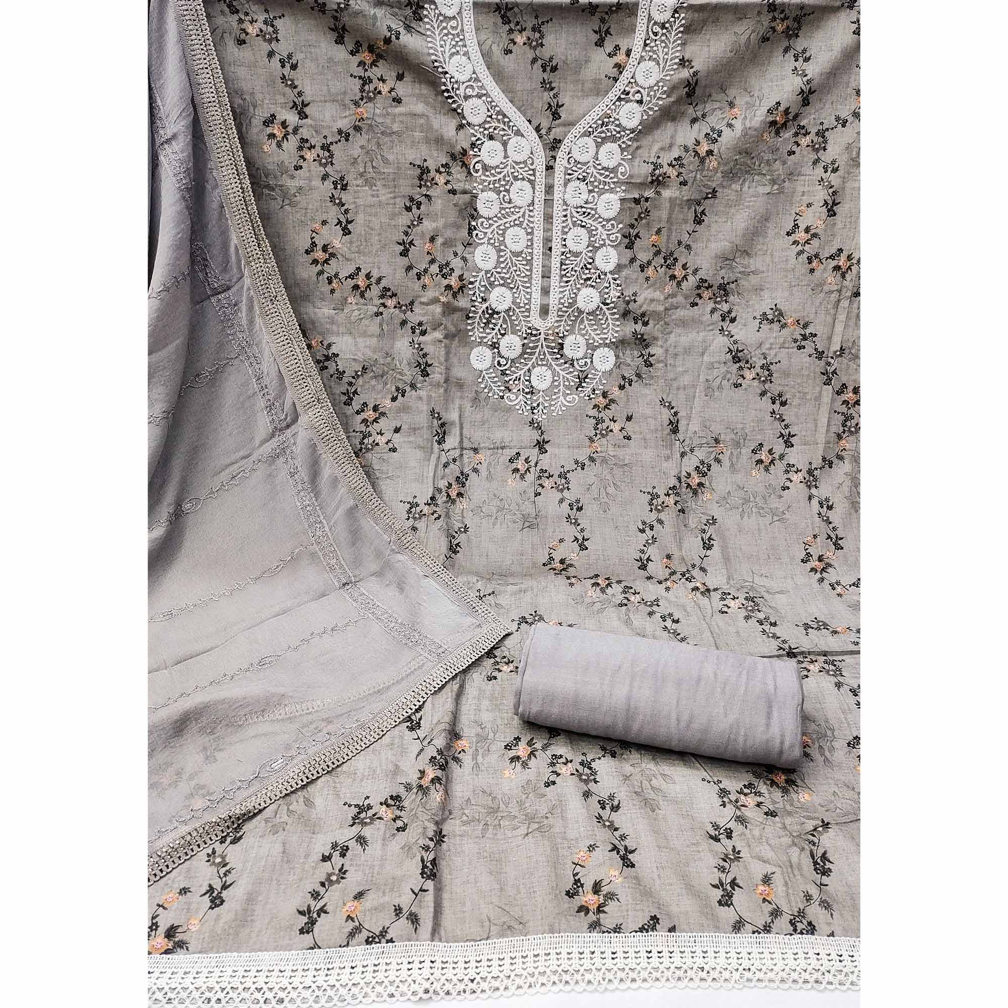 Grey Floral Printed With Embroidery Pure Cotton Dress Material